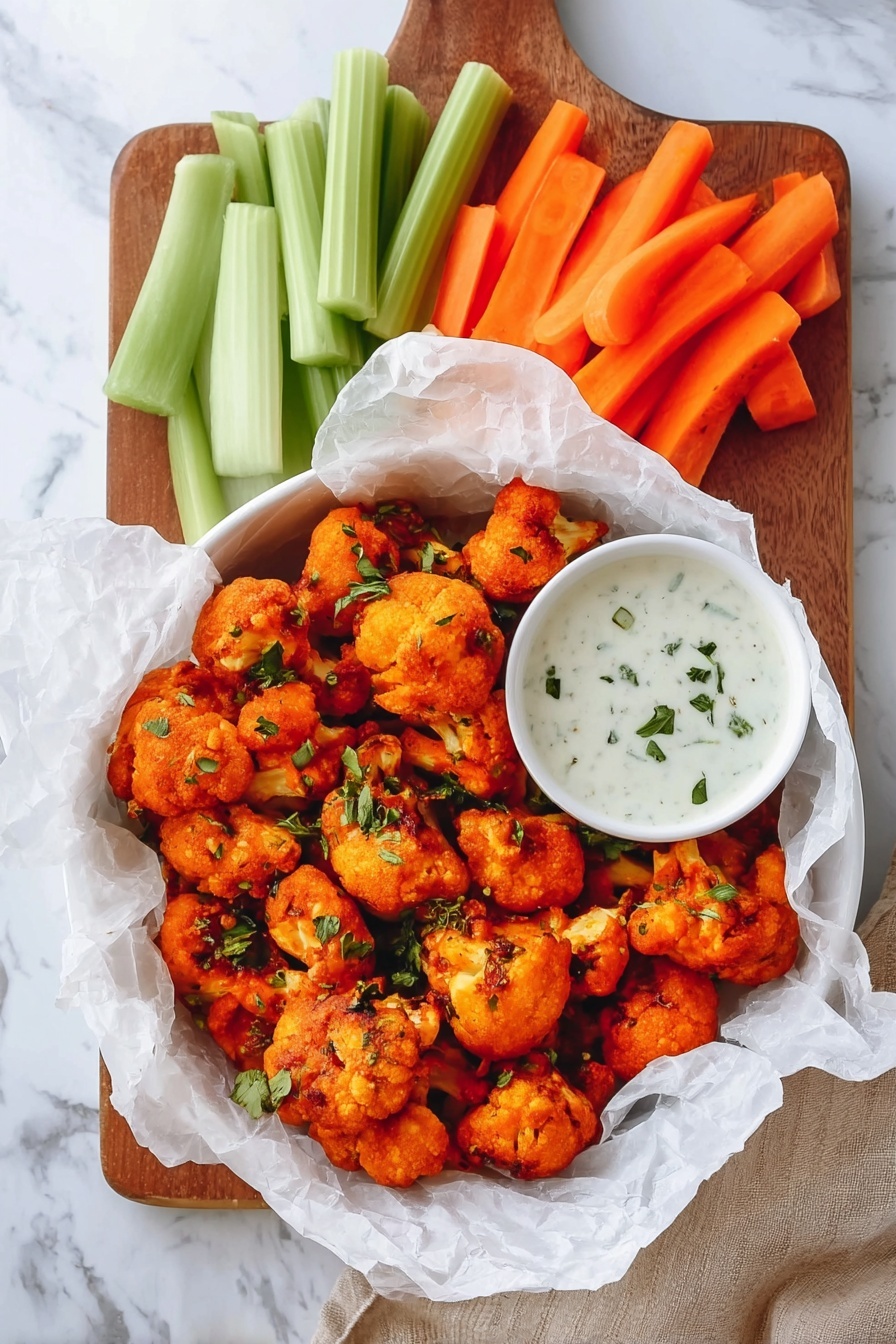 The image shows a round white bowl lined with crinkled white parchment paper filled with bright orange battered cauliflower pieces sprinkled with small green herbs. Inside the bowl, on the right side, there is a small white round bowl of creamy white dipping sauce with green herb bits on top. Behind the bowl is a wooden cutting board with fresh green celery sticks and bright orange carrot slices neatly arranged. The whole setup is on a white marbled surface with a beige cloth partially visible on the right side. photo taken with an iphone --ar 2:3 --v 7 - Spicy Buffalo Cauliflower Bites, healthy cauliflower snacks, vegan buffalo wings, easy cauliflower appetizer, spicy vegetarian chicken alternative