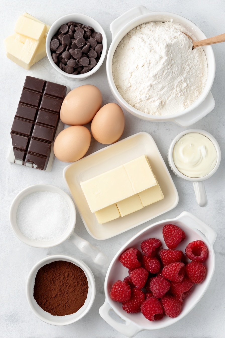 Flat lay of semisweet chocolate chips scattered beside a stick of unsalted butter, granulated sugar in a small white ceramic bowl, a small white ceramic bowl holding fine sea salt, a small white ceramic bowl with instant espresso powder, a small white ceramic bowl containing vanilla extract, three large brown eggs and one small egg yolk on a white ceramic plate, Dutch-process cocoa powder in a small white ceramic bowl, chilled heavy cream softly peaked in a small white ceramic bowl, fresh strawberries and raspberries arranged neatly on a white ceramic dish, all placed on a clean white marble surface, soft natural light, photo taken with an iPhone, professional food photography style, fresh ingredients, white ceramic bowls, no bottles, no duplicates, no utensils, no packaging --ar 2:3 --v 7 --p m7354615311229779997 - Decadent Flourless Chocolate Cake, rich chocolate cake, fudgy chocolate dessert, easy chocolate cake recipe, elegant chocolate cake