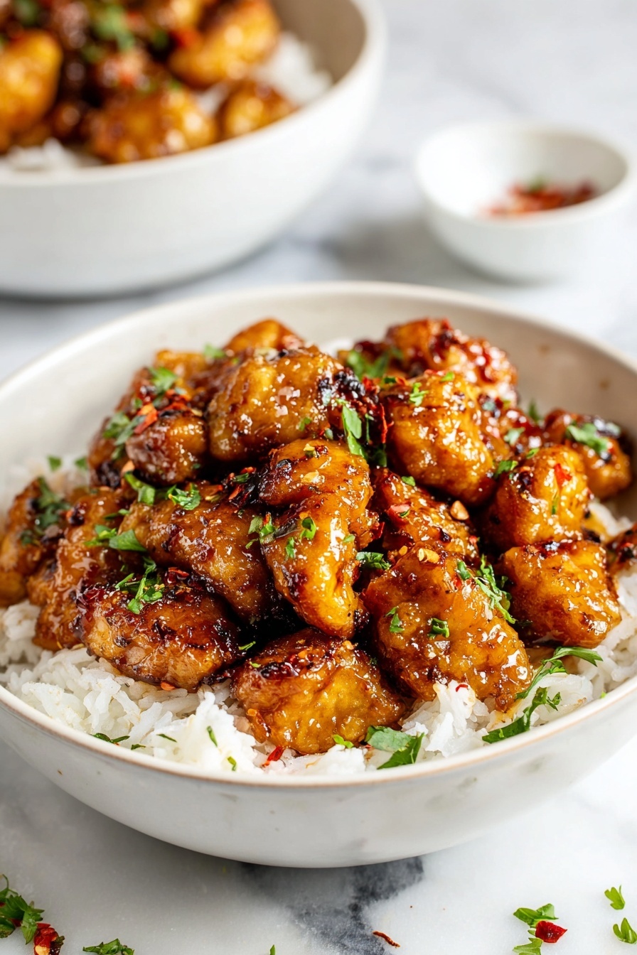 A white bowl filled with a bed of white rice as the bottom layer, topped with a thick layer of small, golden-brown glazed chicken pieces that have a shiny, sticky sauce coating. The chicken is sprinkled with finely chopped green herbs and small red chili flakes, adding hints of green and red colors. The bowl sits on a white marbled surface, with a small white bowl in the background and a part of another bowl filled with the same dish slightly blurred behind. Photo taken with an iphone --ar 2:3 --v 7 - Honey Garlic Chicken Bites, quick chicken dinner, easy chicken recipes, flavorful chicken stir-fry, weeknight chicken meal