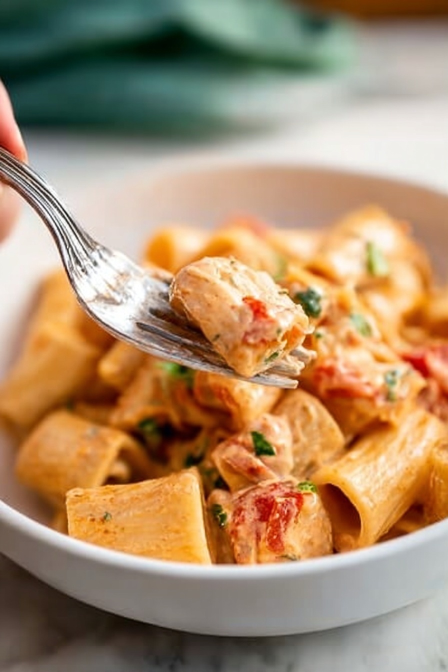 A white bowl filled with creamy rigatoni pasta covered in a light orange sauce with small pieces of green herbs and red tomato chunks. The pasta tubes are thick and slightly shiny, coated evenly with sauce. In the foreground, a woman's hand holds a silver fork lifting a single pasta piece, showing the smooth sauce and bits of tomato and herbs on it. The background is softly blurred with green tones. The bowl sits on a white marbled surface. photo taken with an iphone --ar 2:3 --v 7 - Creamy Tuscan Chicken Pasta, Tuscan Chicken Pasta recipe, creamy pasta with chicken and sun-dried tomatoes, easy Tuscan chicken pasta, healthy creamy chicken pasta