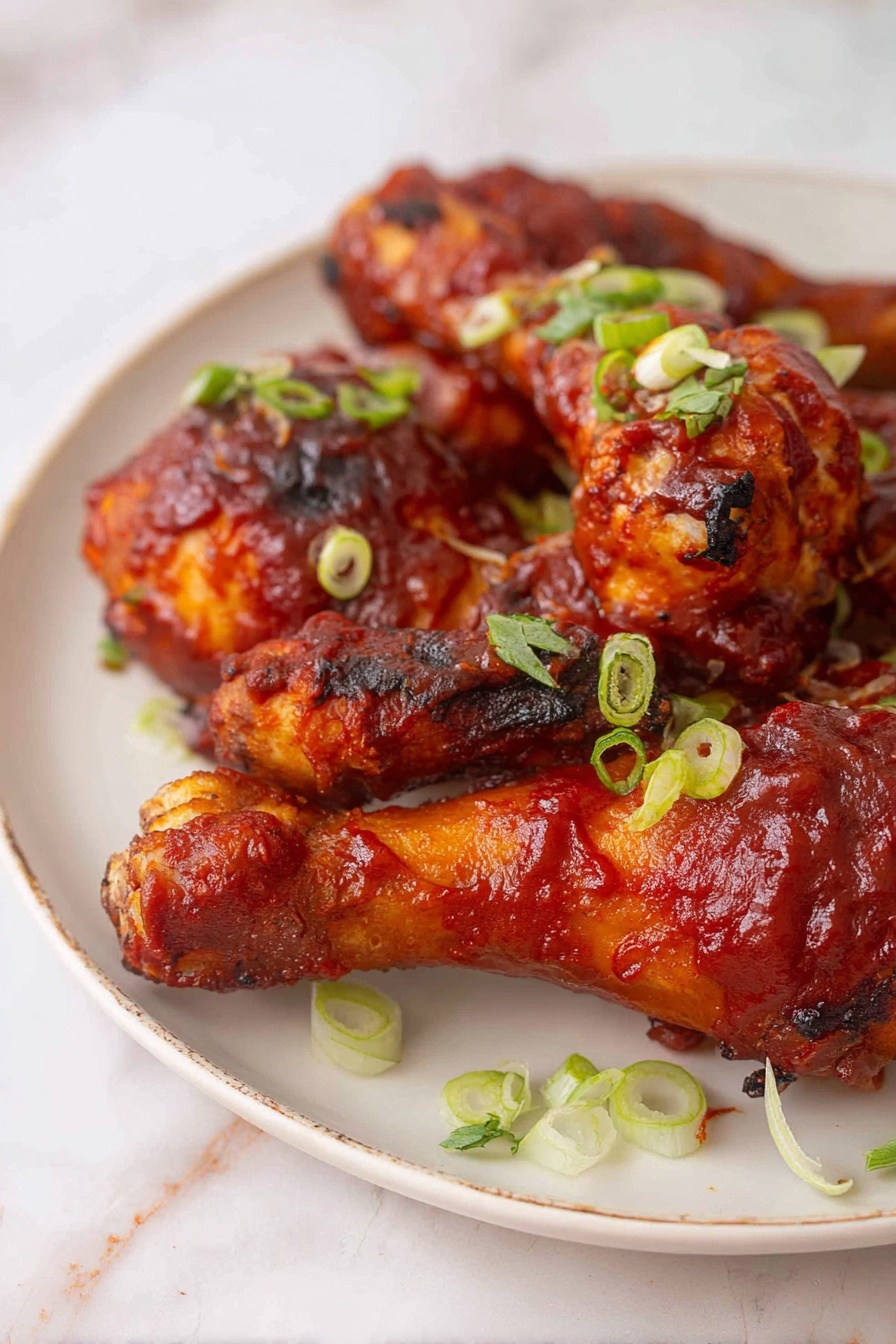 The image shows a white plate filled with five pieces of chicken drumsticks covered in thick, shiny red barbecue sauce. The chicken skin has a slightly crispy texture with some charred spots, indicating it is cooked well. On top of the chicken, there are small slices of fresh green onions scattered evenly, adding a fresh green color contrast. The plate rests on a white marbled surface that gives a clean and bright look. The photo is taken close up focusing on the front drumstick with a soft background blur photo taken with an iphone --ar 2:3 --v 7 - Baked BBQ Chicken Drumsticks, baked BBQ chicken, easy BBQ drumsticks, homemade BBQ chicken, oven baked chicken recipes