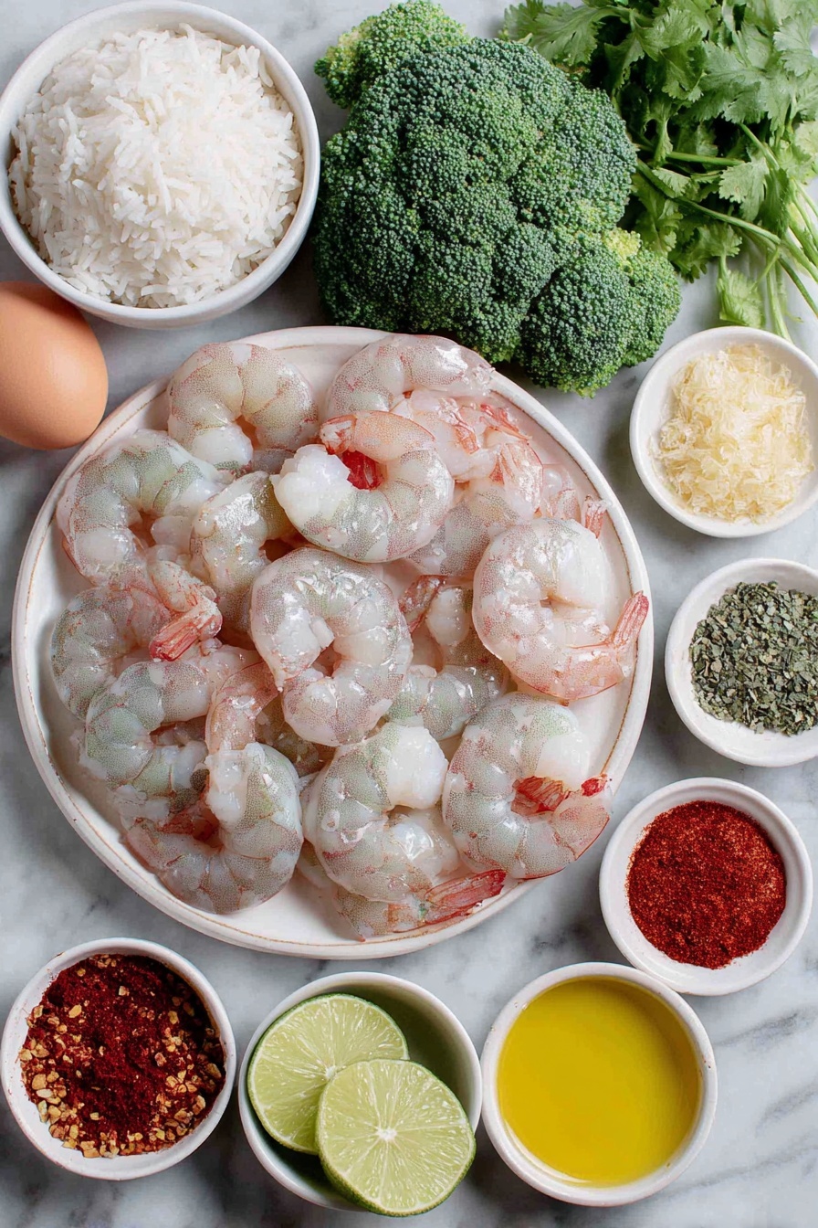 Flat lay of peeled raw shrimp with a pinkish translucent hue, two glossy halves of a fresh green zucchini, small vibrant green broccoli florets, a small mound of fluffy white jasmine rice on a simple white ceramic plate, two whole brown eggs with smooth clean shells, a small white ceramic bowl of golden olive oil, a small white ceramic bowl with deep red chili powder, a small white ceramic bowl with pale beige garlic powder, a small white ceramic bowl with burnt orange paprika, a small white ceramic bowl with bright red cayenne pepper, a small white ceramic bowl with coarse white salt, a small white ceramic bowl with ground black pepper, a wedge of fresh green lime, a few sprigs of leafy green cilantro, and a pinch of red pepper flakes in a small white ceramic bowl, all arranged symmetrically and evenly spaced, placed on a clean white marble surface, soft natural light, photo taken with an iPhone, professional food photography style, fresh ingredients, white ceramic bowls, no bottles, no duplicates, no utensils, no packaging --ar 2:3 --v 7 --p m7354615311229779997 - Spicy Shrimp Bowl with Vegetables, healthy shrimp bowl, quick seafood meal, flavorful vegetable bowl, easy shrimp and rice dish