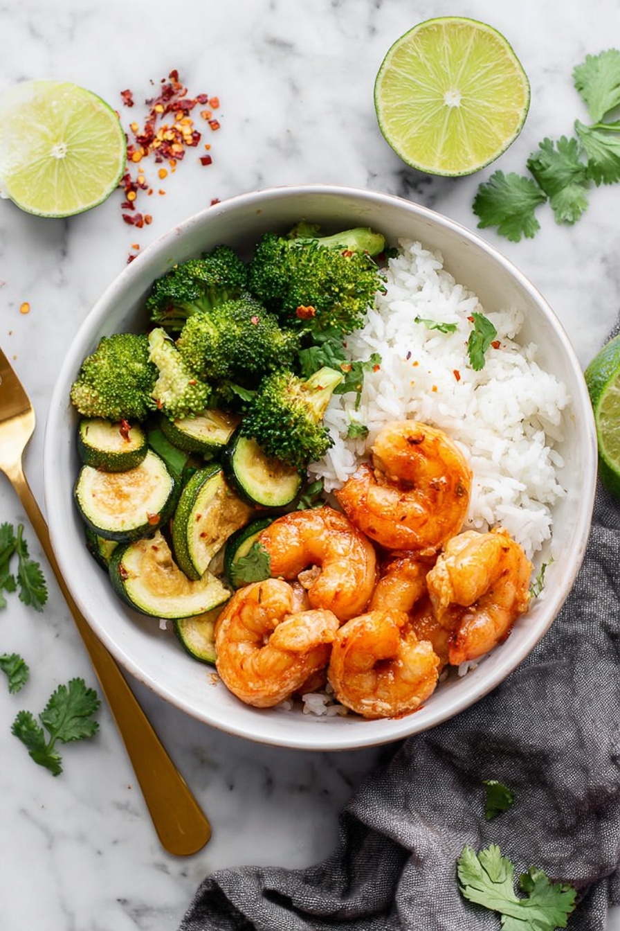 A white bowl sits on a white marbled surface, filled with three main layers arranged side by side. On the top right is a layer of cooked shrimp, orange and slightly glazed, showing a soft, curved texture. Below the shrimp is a portion of white rice, fluffy and slightly separated. To the left of the rice are two types of vegetables: bright green broccoli florets on the upper half, and slices of sautéed zucchini with a mix of dark and light green skin on the lower half. Beside the bowl, there is a gold fork resting on a gray cloth. Two halves of a lime and scattered cilantro leaves and red chili flakes surround the bowl. Photo taken with an iphone --ar 2:3 --v 7 - Spicy Shrimp Bowl with Vegetables, healthy shrimp bowl, quick seafood meal, flavorful vegetable bowl, easy shrimp and rice dish