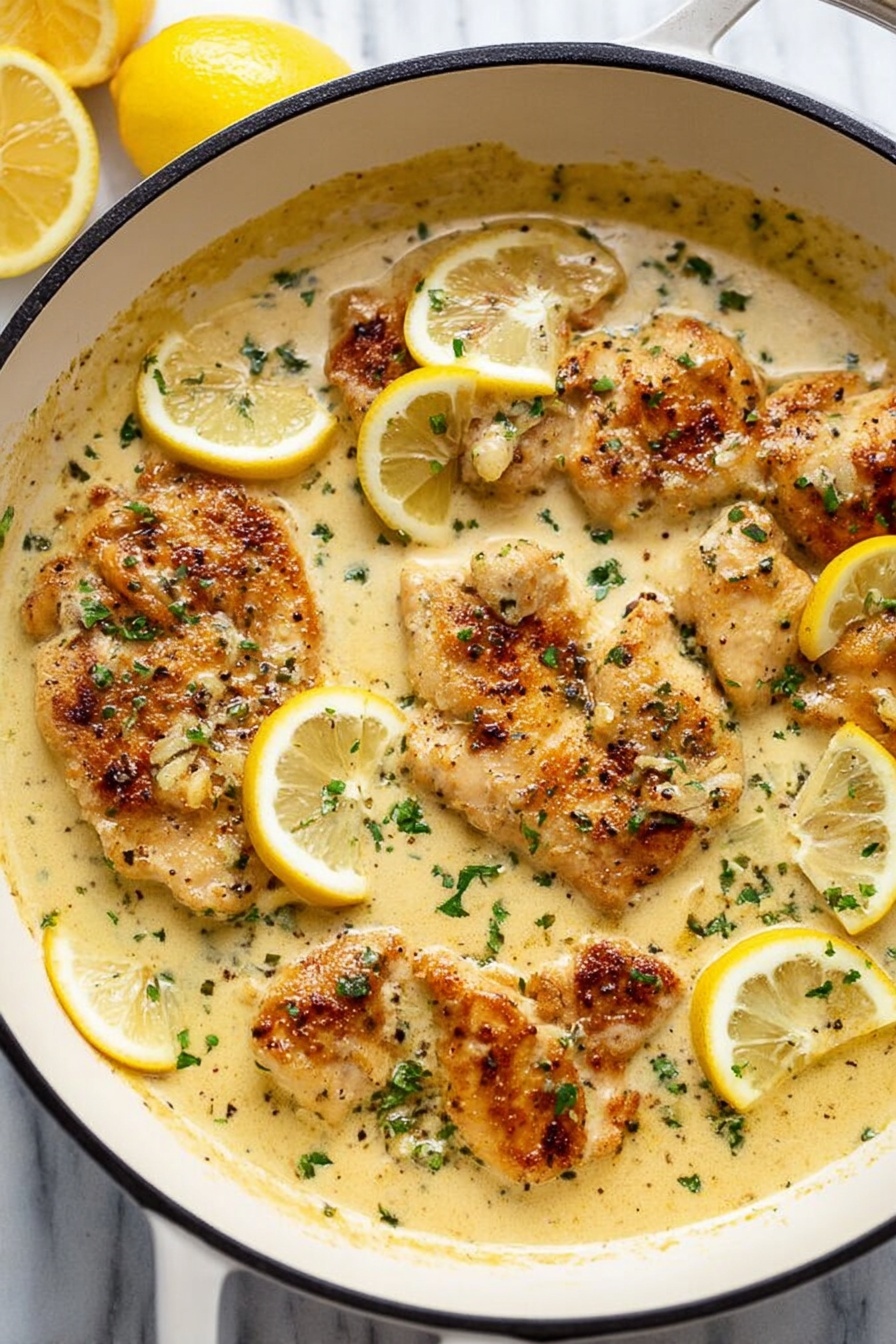 The image shows a white skillet filled with golden brown cooked chicken pieces in a creamy light yellow sauce. The chicken has a slight char on the edges and is partly submerged in the thick sauce, which has a smooth texture and is speckled with small green herb bits. Thin lemon slices are placed on top and around the chicken pieces, adding bright yellow color. The skillet sits on a white marbled surface, and fresh lemon wedges are seen in the background. The overall dish looks rich, creamy, and garnished simply. photo taken with an iphone --ar 2:3 --v 7 - Lemon Pepper Chicken, Lemon Pepper Chicken recipe, easy chicken dinner, quick lemon chicken, flavorful chicken recipe