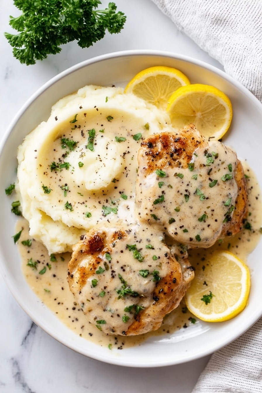 A white round plate on a white marbled surface holds two food sections: on the left is a soft, creamy mound of mashed potatoes with a light beige gravy poured over the top, speckled with black pepper and green herbs; on the right are two golden brown cooked chicken pieces, covered with the same light beige gravy dotted with pepper and herbs; two bright yellow lemon slices, one placed at the top between the food and one at the bottom edge of the plate, add a splash of color; a small bunch of green parsley sits to the plate's upper left; a white cloth napkin is partially visible at top right; photo taken with an iphone --ar 2:3 --v 7 - Lemon Pepper Chicken, Lemon Pepper Chicken recipe, easy chicken dinner, quick lemon chicken, flavorful chicken recipe