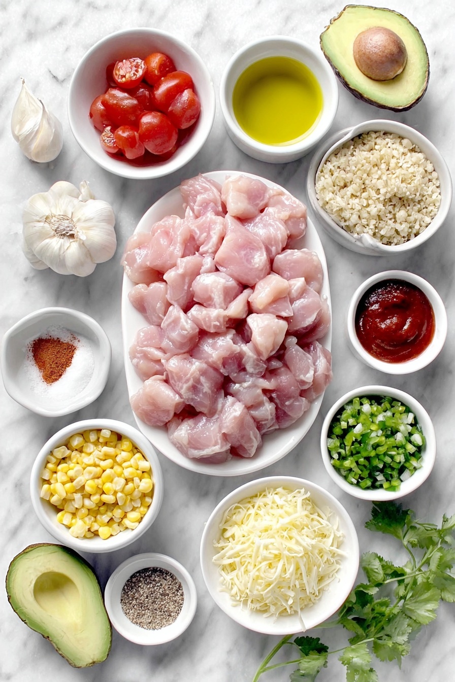 Flat lay of two raw chicken breasts cut into bite-sized pieces, one small chopped onion, three whole cloves of garlic, a small white ceramic bowl of olive oil, a small white ceramic bowl of instant brown rice, a small white ceramic bowl of chicken broth, a small white ceramic bowl of drained sweet corn kernels, a small white ceramic bowl of smooth tomato sauce, a small white ceramic bowl of chopped green chiles, a small white ceramic bowl of rich BBQ sauce, a small white ceramic bowl of chili powder, a small white ceramic bowl of salt, a small white ceramic bowl of black pepper, a small mound of shredded cheddar cheese, one whole ripe avocado halved (pit visible), a few sprigs of fresh cilantro, and one small ripe tomato, all ingredients fresh and natural, arranged with perfect symmetry and balanced proportions on a clean white marble surface, soft natural light, photo taken with an iPhone, professional food photography style, fresh ingredients, white ceramic bowls, no bottles, no duplicates, no utensils, no packaging --ar 2:3 --v 7 --p m7354615311229779997 - One Pot BBQ Chicken Rice, BBQ Chicken Rice Dinner, Easy One Pot Chicken Recipe, Quick Chicken and Rice Meal, Smoky BBQ Chicken Skillet