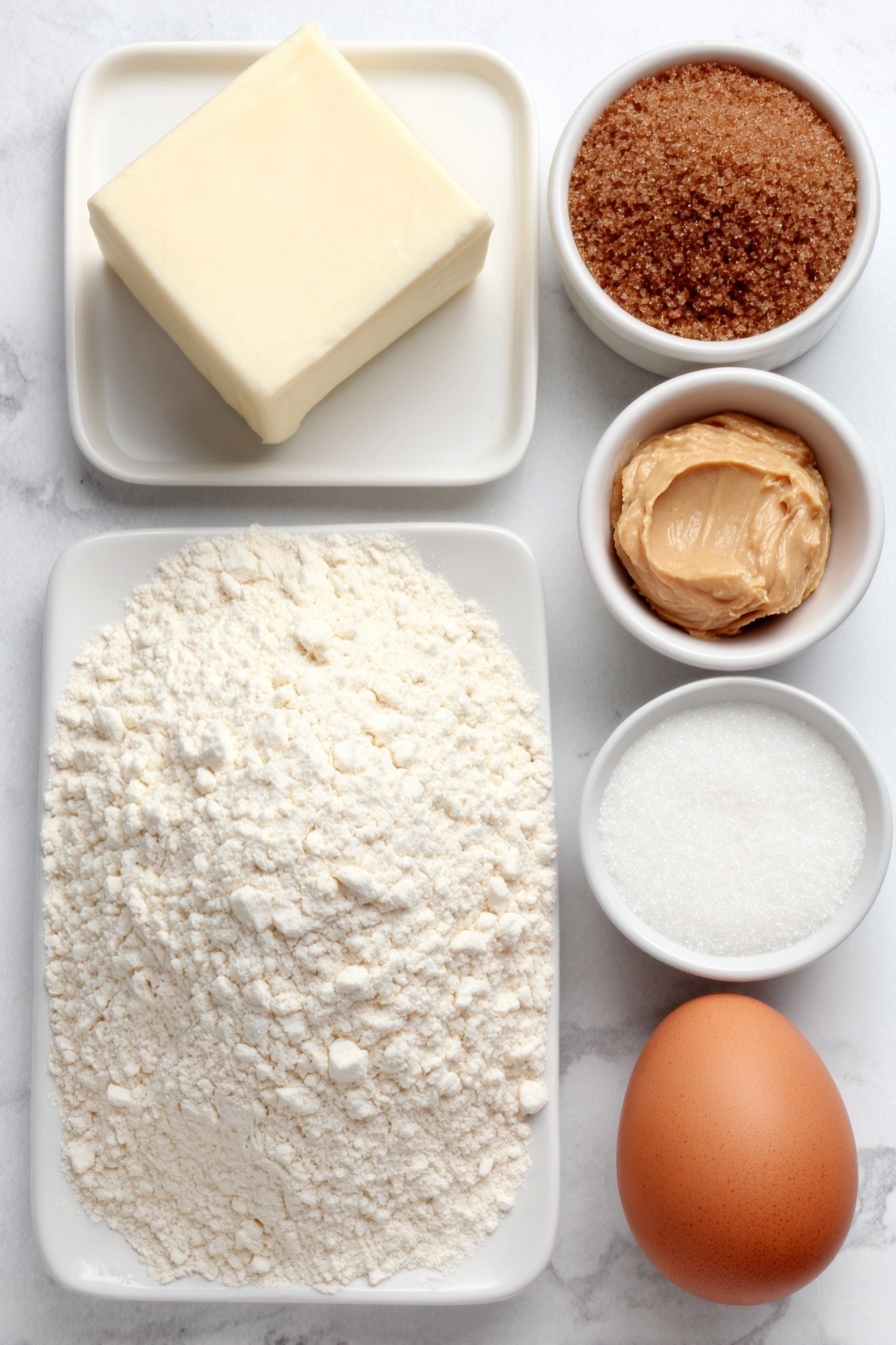 Flat lay of a small mound of all-purpose flour on a white ceramic plate, a cube of pale yellow unsalted butter on a white ceramic dish, a dollop of creamy peanut butter on a white ceramic plate, a small white bowl filled with light brown packed brown sugar, a small white bowl with white granulated sugar, a small white bowl containing golden vanilla extract, one large whole uncracked egg with a clean shell, and a small white bowl with fine baking powder, all arranged symmetrically and balanced, placed on a clean white marble surface, soft natural light, photo taken with an iPhone, professional food photography style, fresh ingredients, white ceramic bowls, no bottles, no duplicates, no utensils, no packaging --ar 2:3 --v 7 --p m7354615311229779997 - Easy Peanut Butter Cookies, peanut butter cookies, simple cookie recipes, quick cookie ideas, homemade peanut butter treats