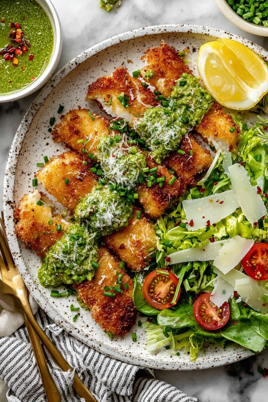 A white speckled plate holds four long, golden-brown fried strips arranged in a row, each topped with bright green sauce and sprinkled with white grated cheese and chopped chives. To the top left of the plate is a small white bowl filled with chunky green sauce, garnished with red chili flakes, while a lemon slice rests nearby. On the right side of the plate, there is a fresh green salad with leafy greens, halved red cherry tomatoes, light green celery slices, and thin white cheese shavings. The plate is set on a white marbled surface with a striped cloth and gold fork partially visible at the bottom left. Photo taken with an iphone --ar 2:3 --v 7 - Crispy Parmesan Chicken Breasts, crispy chicken recipes, easy chicken dinner, baked chicken with parmesan, crunchy chicken breast ideas