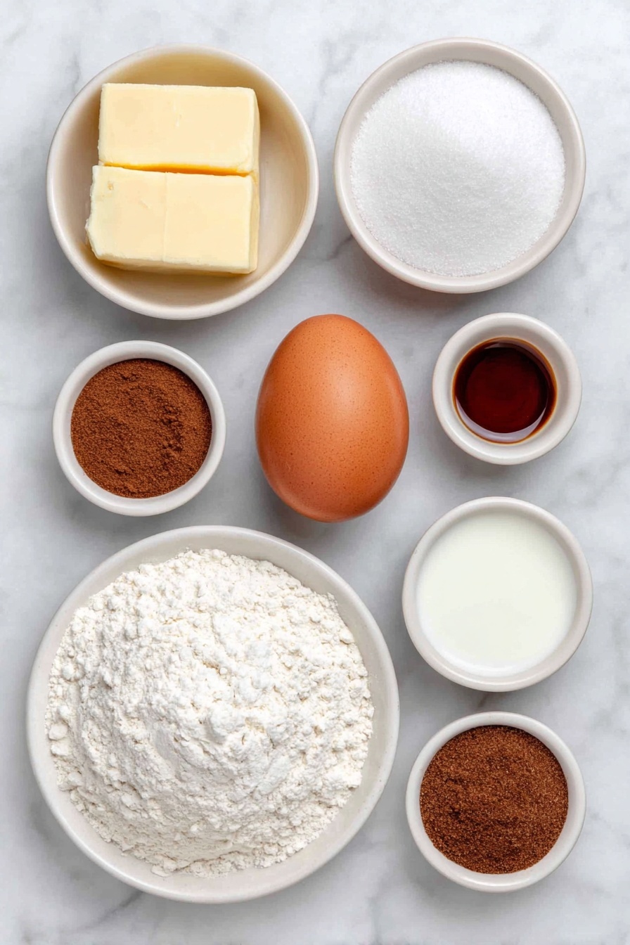 Flat lay of unsalted butter in a small white ceramic bowl, a small white bowl filled with caster sugar, a single large uncracked brown egg, a simple mound of plain flour on a white ceramic plate, a small white bowl with ground cinnamon powder, a small white bowl containing baking powder, a small white bowl with salt crystals, a small white bowl holding whole milk, a small white bowl with clear vanilla extract, all arranged in perfect symmetry and balanced proportions, placed on a clean white marble surface, soft natural light, photo taken with an iPhone, professional food photography style, fresh ingredients, white ceramic bowls, no bottles, no duplicates, no utensils, no packaging --ar 2:3 --v 7 --p m7354615311229779997 - Baked Cinnamon Doughnuts, cinnamon doughnuts, baked doughnut recipe, easy baked doughnuts, cinnamon sugar doughnuts