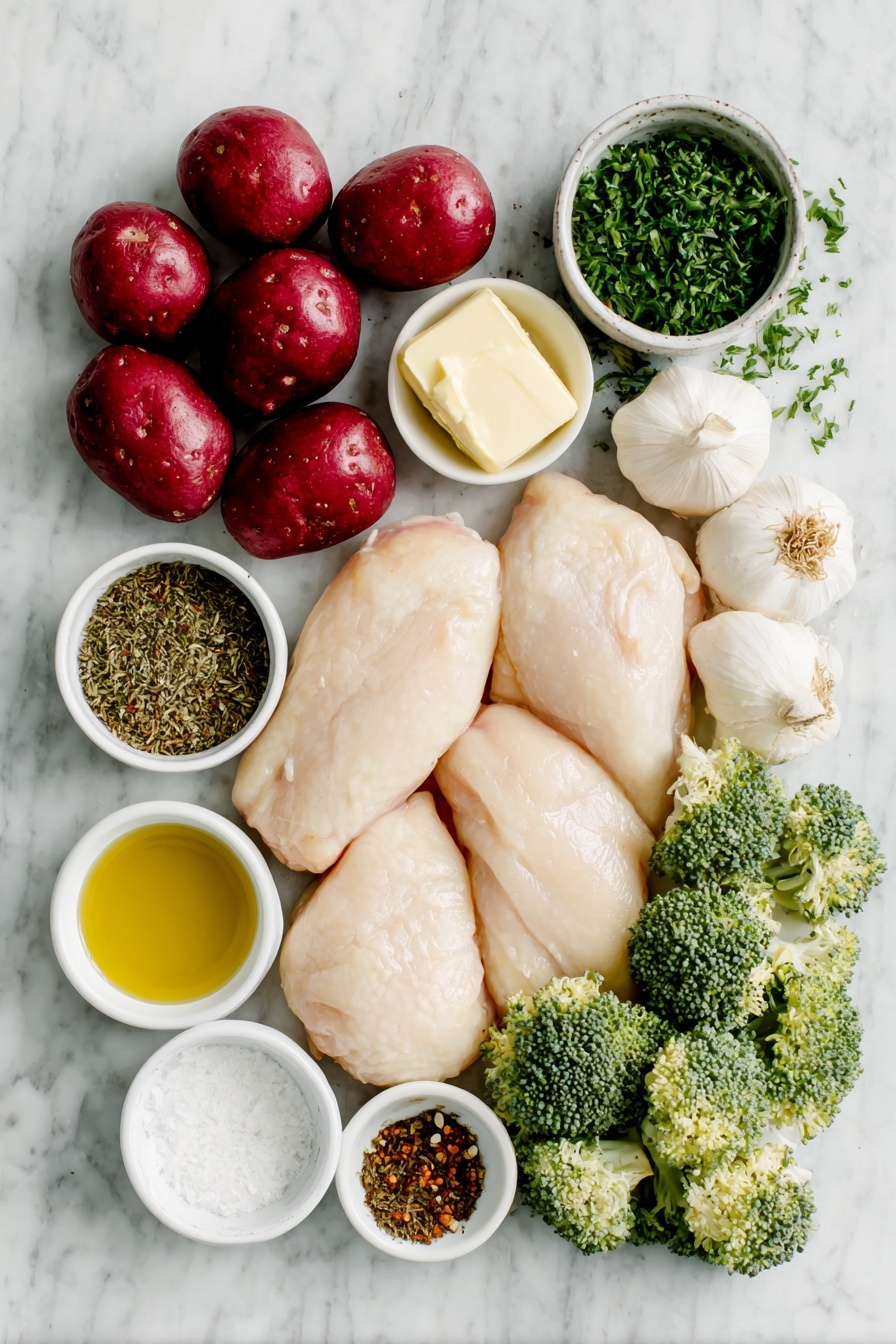 Flat lay of three whole boneless, skinless chicken breasts, halved baby red potatoes, fresh broccoli florets, three cloves of fresh garlic, a few sprigs of chopped fresh parsley leaves, small white ceramic bowls containing golden honey, melted butter, deep amber brown sugar, smooth Dijon mustard, dried oregano and dried basil herbs, a small white bowl with olive oil, and small white bowls with kosher salt and freshly ground black pepper, all arranged symmetrically on a clean white marble surface, soft natural light, photo taken with an iPhone, professional food photography style, fresh ingredients, white ceramic bowls, no bottles, no duplicates, no utensils, no packaging --ar 2:3 --v 7 --p m7354615311229779997 - Honey Garlic Chicken and Veggie Bake, honey garlic chicken bake, one-pan chicken dinner, easy healthy chicken recipes, baked chicken with vegetables