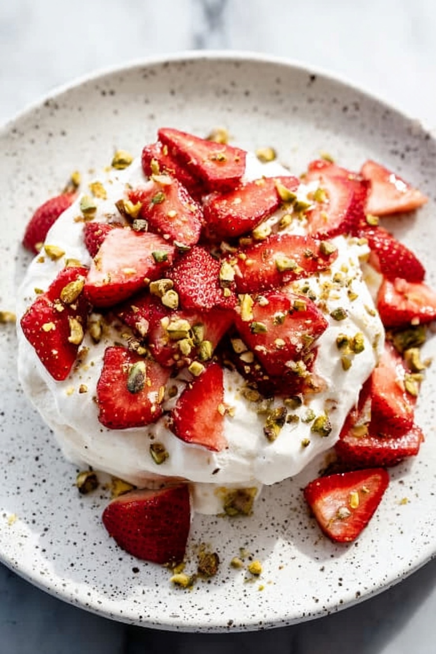 The dish shows a stack of three flat white layers covered in thick white cream. On top of the cream, there are many bright red slices of strawberries scattered around, showing their fresh, juicy texture. Small green pistachio nut pieces are sprinkled over the cream and strawberries, adding a crunchy look. The food is served on a round white plate with subtle speckles. The plate sits on a white marbled surface. photo taken with an iphone --ar 2:3 --v 7 - Frozen Yogurt Bark with Strawberries and Nuts, healthy frozen yogurt dessert, easy summer snack, homemade frozen treat, fruit and nut yogurt bark