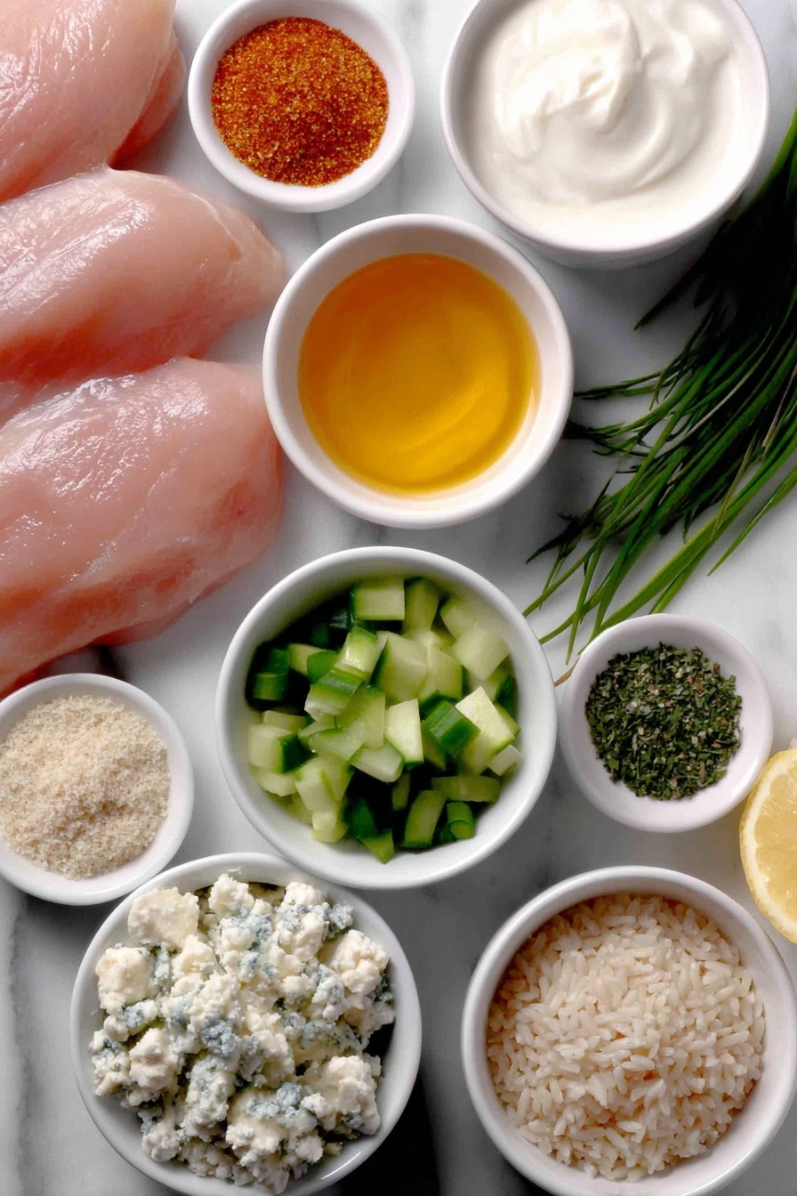 Flat lay of boneless, skinless chicken breasts, a small white bowl of bright orange hot sauce, a small white bowl with melted golden ghee, a small white bowl of paprika powder, a small white bowl of garlic powder, a small white bowl of salt, a small white bowl of thick plain white Greek yogurt, a small white bowl of pale almond milk, fresh sprigs of green dill, a small white bowl of dried chives, a small white bowl of dried parsley, a small white bowl of onion powder, a small white bowl with fresh lemon juice, uncooked brown rice grains, diced fresh cucumber pieces, matchstick-cut fresh orange carrots, diced red onion, a small white bowl with crumbly white blue cheese, chopped green onions, all arranged symmetrically and balanced, placed on a clean white marble surface, soft natural light, photo taken with an iPhone, professional food photography style, fresh ingredients, white ceramic bowls, no bottles, no duplicates, no utensils, no packaging --ar 2:3 --v 7 --p m7354615311229779997 - Buffalo Chicken Rice Bowls with Ranch Dressing, buffalo chicken rice bowl, spicy buffalo chicken recipe, easy chicken rice bowl, ranch dressing chicken bowl