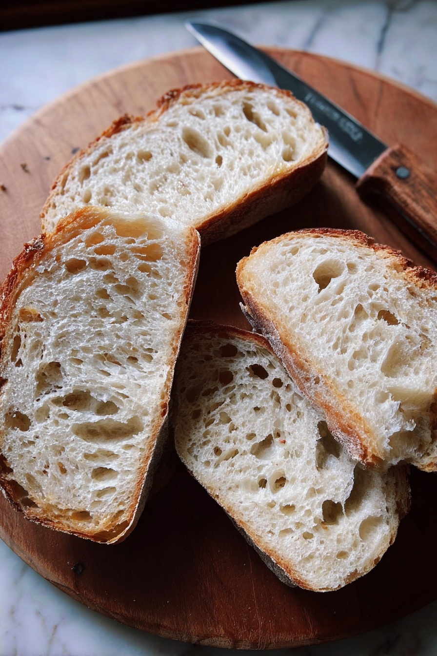 Four pieces of bread slices are placed closely on a round wooden board with the cut side facing up. Each slice shows a light, airy inside with many holes and a slightly golden brown crust around the edges. A knife with a wooden handle lies next to the bread on the board. The background is a white marbled texture. photo taken with an iphone --ar 2:3 --v 7 - Simple Homemade Sourdough Bread, homemade sourdough bread, easy sourdough bread recipe, beginner sourdough baking, crusty sourdough loaf