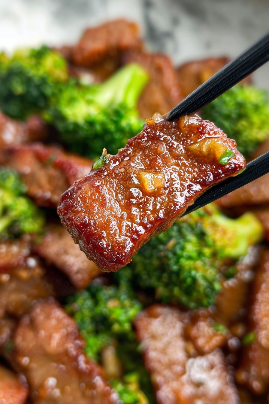 A close-up view of a slice of brown glazed meat held by black chopsticks, showing a shiny sauce with small bits of garlic and onion on its textured surface. In the background, there are more pieces of the same meat mixed with bright green broccoli florets scattered around, all on a white marbled surface. The meat has a rich brown color with some reddish tones, and the broccoli looks fresh and crisp. photo taken with an iphone --ar 2:3 --v 7 - Garlic Beef with Broccoli Stir-Fry, Beef and Broccoli Stir-Fry, Easy Chinese Stir-Fry, Healthy Beef Stir-Fry Recipe, Quick Weeknight Dinner