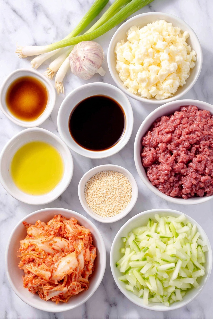 Flat lay of freshly grated garlic piled next to freshly grated ginger, a small white ceramic bowl filled with dark all-purpose soy sauce, another bowl containing rich brown sugar crystals, a bowl holding glossy amber sesame oil, a small bowl with vibrant red gochujang paste, a tiny white bowl of clear rice vinegar, a bowl sprinkled with light tan sesame seeds, a white bowl of golden extra-virgin olive oil, a mound of raw minced beef with deep red color and marbling, two fresh green spring onions whole with white bulbs intact, a small bowl of creamy whole-egg mayonnaise, a heap of fluffy cooked jasmine rice grains, a small pile of bright red kimchi, a neat bunch of julienned fresh orange carrot sticks, and fresh Lebanese cucumber sliced into pale green half moons, all arranged symmetrically in perfect proportion on a clean white marble surface, soft natural light, photo taken with an iPhone, professional food photography style, fresh ingredients, white ceramic bowls, no bottles, no duplicates, no utensils, no packaging --ar 2:3 --v 7 --p m7354615311229779997 - Korean Beef Rice Bowls Gochujang Mayo, Korean Beef Rice Bowl recipe, spicy beef rice bowl, Korean-inspired dinner, quick weeknight meals