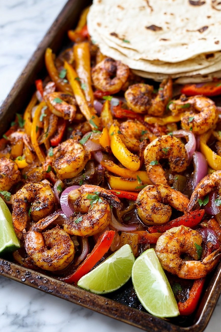 The image shows a tray filled with cooked shrimp mixed with red and yellow bell pepper strips and slices of red onion, all seasoned with spices giving a slightly charred look. The shrimp are plump and brown with visible grill marks, scattered evenly across the tray. At the back edge of the tray lies a stack of soft, round white tortillas. There are two green lime wedges placed on the right and left sides near the shrimp and vegetables. The tray rests on a white marbled surface. photo taken with an iphone --ar 2:3 --v 7 - Sheet Pan Shrimp Fajitas, easy shrimp fajitas, healthy shrimp fajitas, quick fajitas recipe, colorful sheet pan dinner