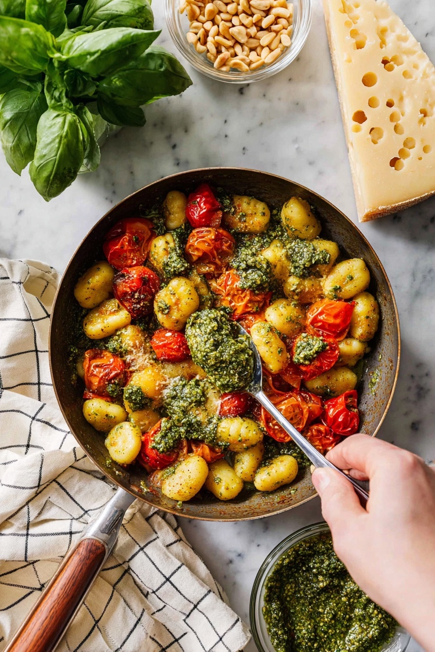A pan filled with soft, golden gnocchi mixed with bright red and orange cooked cherry tomatoes, all coated in a rich green pesto sauce, giving a coarse and fresh texture on top. A woman's hand is holding a spoon scooping some of the gnocchi and tomatoes with pesto. Around the pan, there is a large piece of pale yellow Parmesan cheese with small holes on a white marbled surface, a bunch of fresh green basil leaves, a bowl full of thick, chunky green pesto, and a small clear bowl with light brown pine nuts. A cream-colored cloth with black grid lines is under the pan. photo taken with an iphone --ar 2:3 --v 7 - Pesto Gnocchi with Cherry Tomatoes, healthy gnocchi dinner, quick easy pasta recipes, vegetarian pesto pasta, fresh cherry tomato recipes