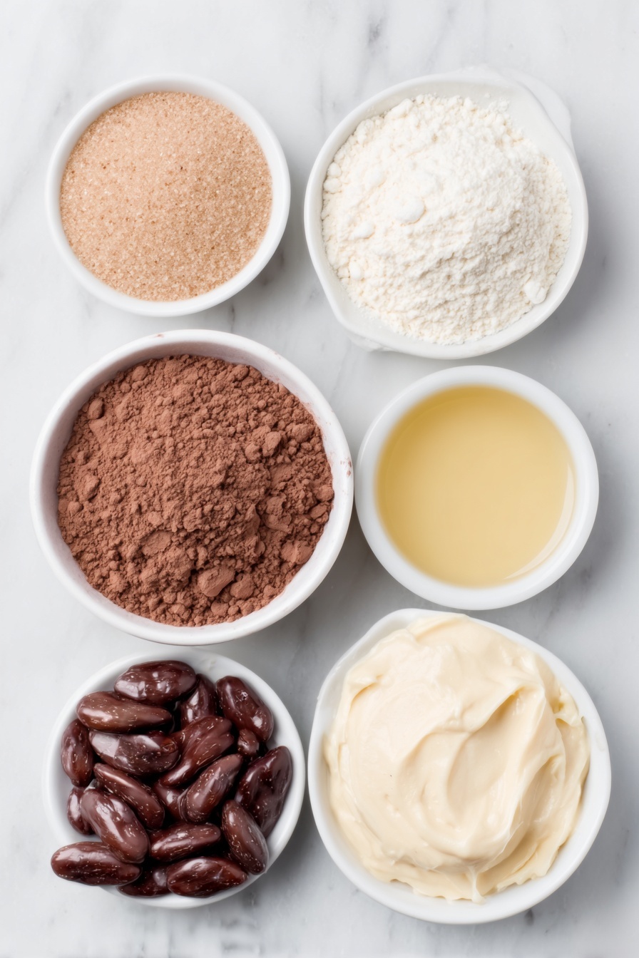 Flat lay of a small white ceramic bowl of natural cocoa powder, a small white ceramic bowl of golden maple syrup, a small white ceramic bowl of light brown coconut sugar, a small white ceramic bowl of creamy almond butter, a small white ceramic bowl of clear vanilla extract, a small white ceramic bowl with fine sea salt, a small white ceramic bowl of fresh non-dairy milk, and a small pile of fresh dark chickpeas with smooth skins, all arranged symmetrically and balanced, placed on a clean white marble surface, soft natural light, photo taken with an iPhone, professional food photography style, fresh ingredients, white ceramic bowls, no bottles, no duplicates, no utensils, no packaging --ar 2:3 --v 7 --p m7354615311229779997 - Brownie Batter Chocolate Hummus, healthy chocolate hummus, quick chocolate dessert dip, wholesome brownie hummus, easy no-bake chocolate treat