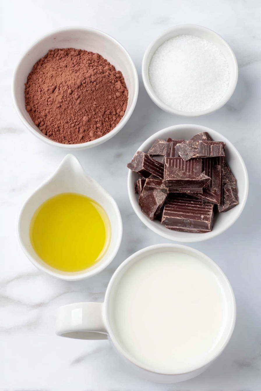 Flat lay of a small white ceramic bowl of unsweetened cocoa powder, a small white ceramic bowl of pure maple syrup, a small white ceramic bowl of a tiny pinch of kosher salt, a small white ceramic bowl of pure vanilla extract, a small white ceramic bowl of chopped dark chocolate chunks, and a white ceramic cup of unsweetened almond milk, all arranged symmetrically and balanced, placed on a clean white marble surface, soft natural light, photo taken with an iPhone, professional food photography style, fresh ingredients, white ceramic bowls, no bottles, no duplicates, no utensils, no packaging --ar 2:3 --v 7 --p m7354615311229779997 - Healthy Hot Chocolate, healthy hot chocolate recipe, nutritious hot cocoa, guilt-free hot chocolate, easy healthy hot chocolate