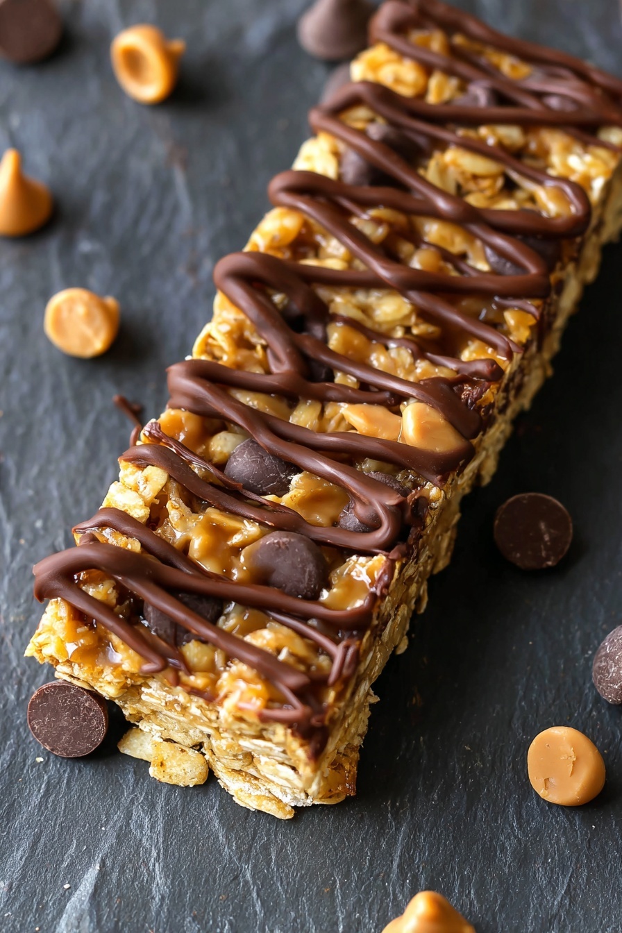 The image shows a close-up of a rectangular granola bar with three layers: the base layer is a mix of oats and cereal in light golden brown; the middle layer has scattered dark chocolate and peanut butter chips embedded throughout; the top layer is drizzled with smooth, glossy milk chocolate sauce in thick and thin lines. The granola bar sits on a dark slate surface with a few loose chocolate chips around it. photo taken with an iphone --ar 2:3 --v 7 - No Bake Peanut Butter Granola Bars, healthy no bake snacks, easy oatmeal bars, homemade granola bars, peanut butter snack ideas