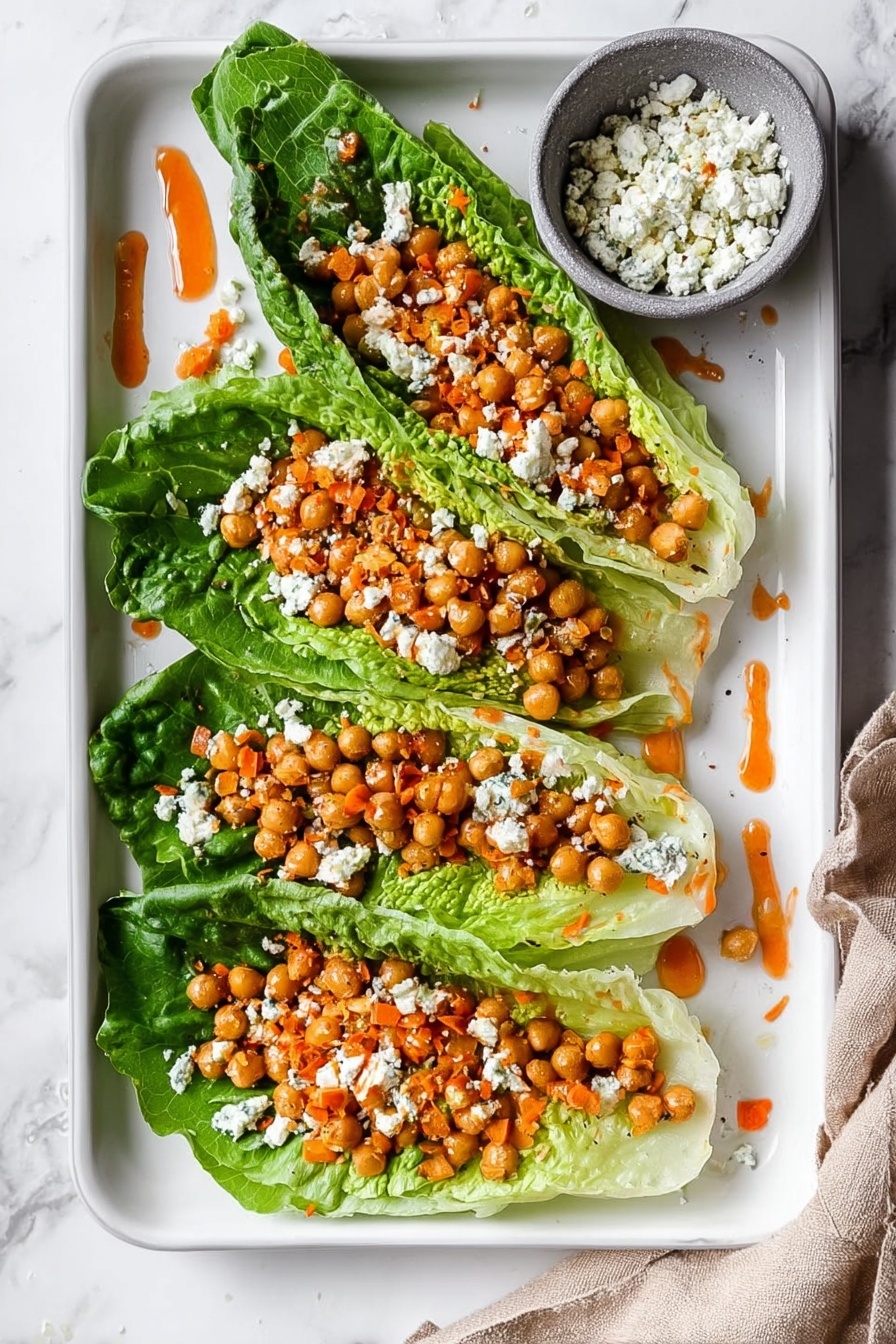 A white rectangular tray with three fresh green lettuce leaves laid out side by side. Each leaf is topped with a mix of light brown chickpeas and small pieces of chopped orange carrot, scattered evenly across the leaves. Some crumbs of white cheese are sprinkled on top of the chickpeas on each leaf. On top right of the tray, there is a small gray bowl filled with more white cheese crumbs. There are streaks of orange sauce drizzled lightly on the lettuce and tray surface. The tray is placed on a white marbled background with a beige cloth partly visible at the bottom right corner. photo taken with an iphone --ar 2:3 --v 7 - Buffalo Chickpea Salad, spicy vegan salad, quick vegetarian lunch, healthy chickpea salad, buffalo wing inspired salad