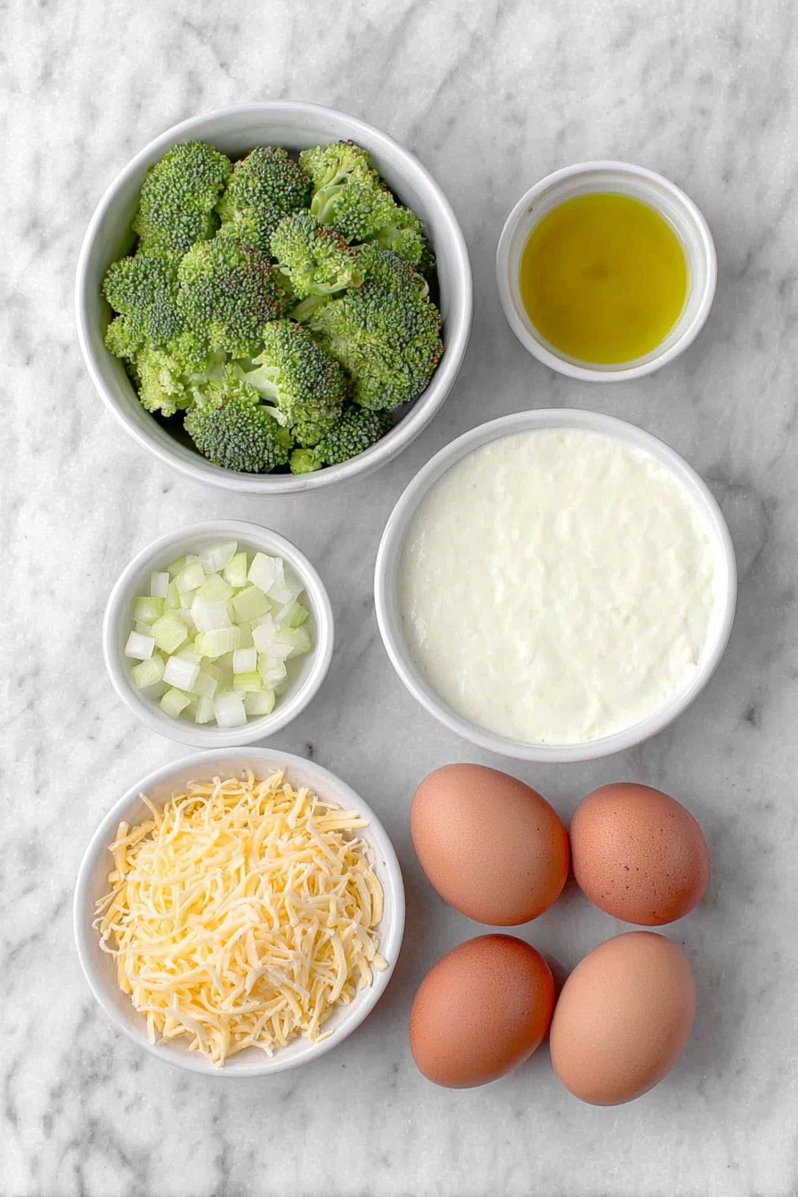 Flat lay of a small chopped yellow onion, a small white ceramic bowl filled with golden olive oil, fresh bright green broccoli florets, a simple white ceramic bowl with smooth creamy single cream, a small white ceramic bowl of light vegetable stock, a neat pile of shredded smoked gouda cheese with a pale orange hue, a small white ceramic bowl holding a few white and black nigella seeds, and two whole brown eggs with clean shells, all arranged symmetrically on a clean white marble surface, soft natural light, photo taken with an iPhone, professional food photography style, fresh ingredients, white ceramic bowls, no bottles, no duplicates, no utensils, no packaging --ar 2:3 --v 7 --p m7354615311229779997 - Creamy Broccoli Soup with Smoked Gouda, broccoli soup recipe, smoky vegetable soup, easy broccoli and Gouda soup, comforting fall soup