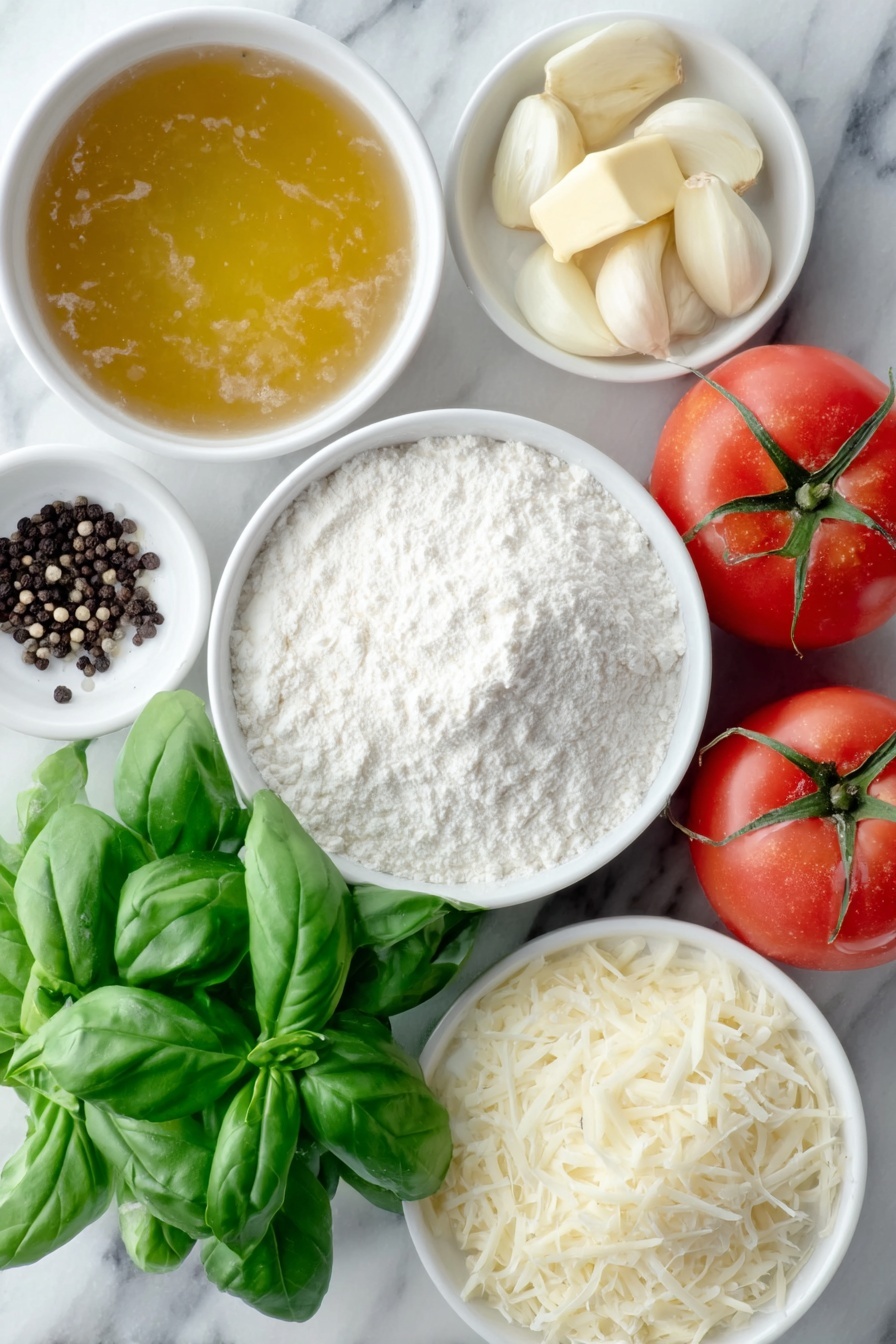 Flat lay of a few tablespoons of golden butter, one medium chopped onion, three peeled garlic cloves, a small white bowl of pale tapioca flour, a small white bowl of clear chicken stock, two whole plump San Marzano tomatoes with stems, a small pile of fresh bright green basil leaves, a small white bowl filled with grated creamy parmesan cheese, a small white bowl of thick heavy cream, scattered coarse kosher salt crystals, and freshly ground black peppercorns, all arranged with perfect symmetry on a clean white marble surface, soft natural light, photo taken with an iPhone, professional food photography style, fresh ingredients, white ceramic bowls, no bottles, no duplicates, no utensils, no packaging --ar 2:3 --v 7 --p m7354615311229779997 - Creamy Tomato Basil Soup with Parmesan, Easy Tomato Basil Soup, Homemade Tomato Basil Soup, Comforting Soup Recipes, Delicious Tomato Basil Soup