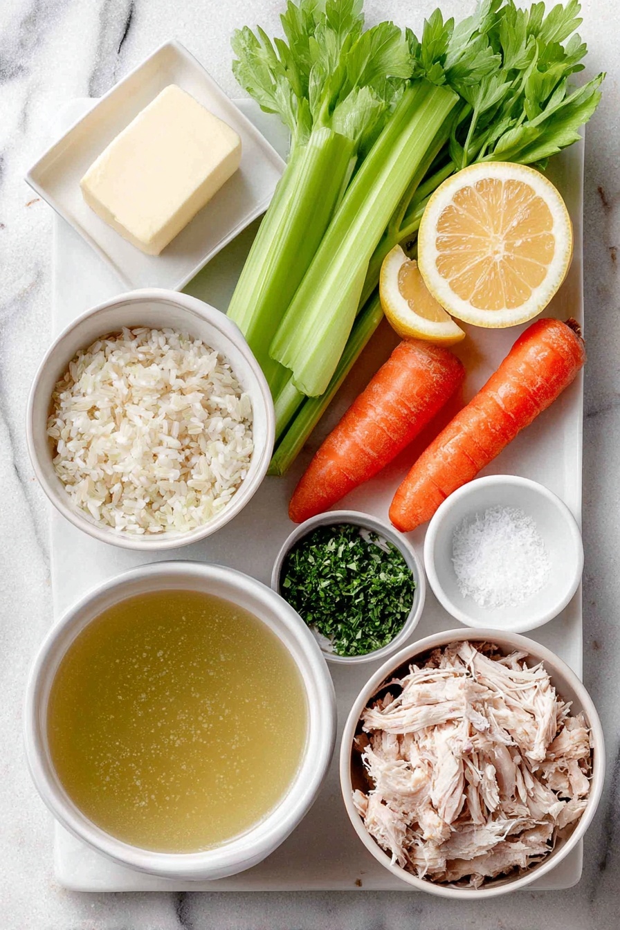 Flat lay of a small pat of butter on a simple white ceramic square plate, a large whole onion with smooth pale golden skin, three fresh celery ribs with bright green leaves, two medium fresh carrots with leafy tops, a small white ceramic bowl of clear golden chicken broth, a small white ceramic bowl filled with uncooked long grain white rice, a small white ceramic bowl holding chopped flat leaf parsley, two whole uncracked medium garlic cloves with smooth white skins, half a fresh lemon with bright yellow peel, a small white ceramic bowl containing fresh lemon juice, a small white ceramic bowl with shredded cooked turkey breast meat showing tender texture, and a small white ceramic bowl of coarse kosher salt crystals, all arranged symmetrically on a clean white marble surface, soft natural light, photo taken with an iPhone, professional food photography style, fresh ingredients, white ceramic bowls, no bottles, no duplicates, no utensils, no packaging --ar 2:3 --v 7 --p m7354615311229779997 - Turkey Rice Soup with Lemon and Parsley, lemon turkey rice soup, healthy turkey soup with lemon, easy turkey rice soup recipe, comforting turkey soup with herbs