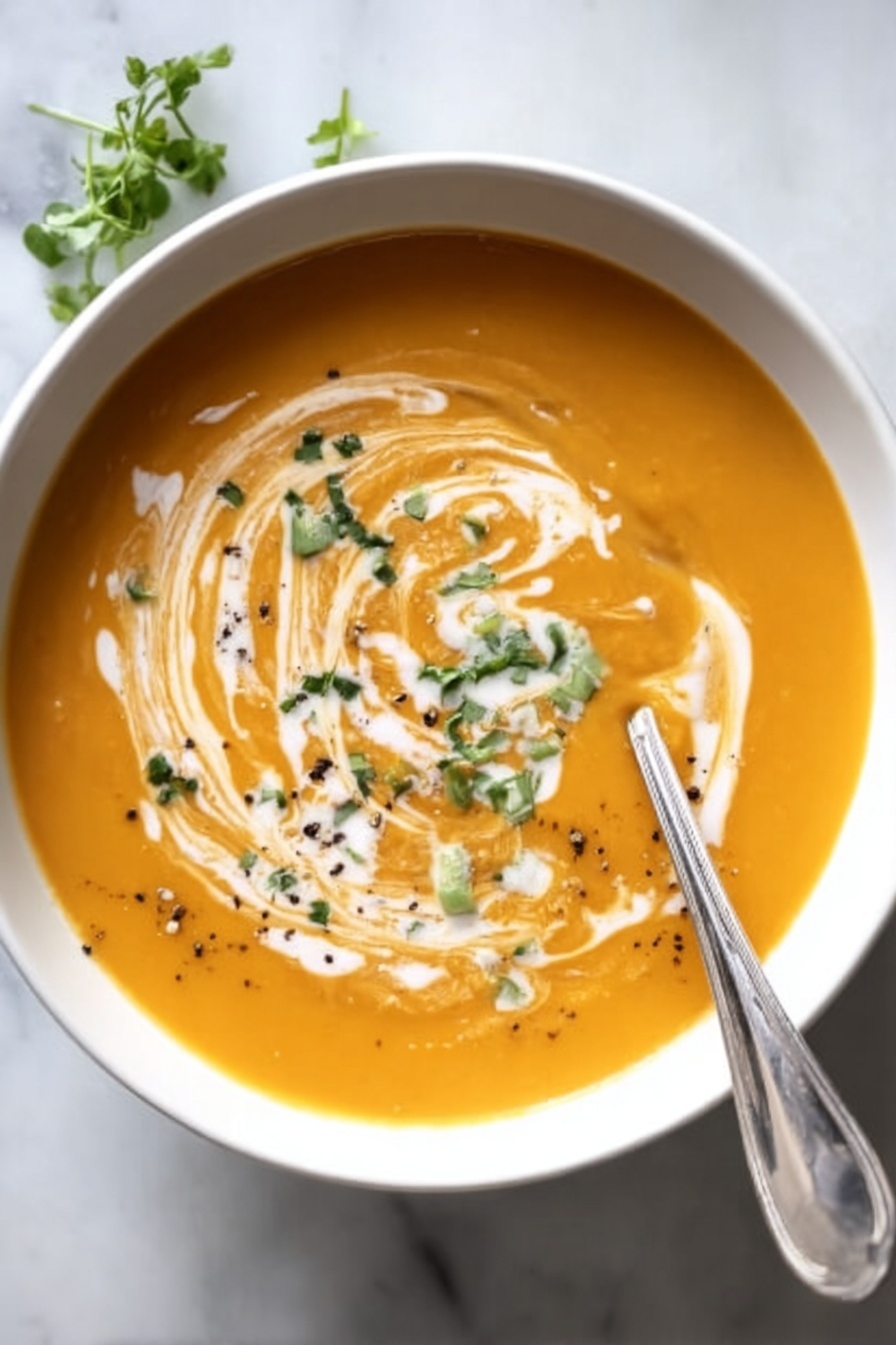 A white bowl filled with smooth orange soup sits on a white marbled surface. The soup has a swirl of white cream on top, mixed into the surface in a decorative way. Small green herb pieces and black pepper flakes are sprinkled on the soup, adding color and texture. A spoon rests in the soup on the right side of the bowl. photo taken with an iphone --ar 2:3 --v 7 - Ginger Sweet Potato Soup, healthy sweet potato soup, cozy ginger soup, vegan sweet potato soup, velvety sweet potato soup