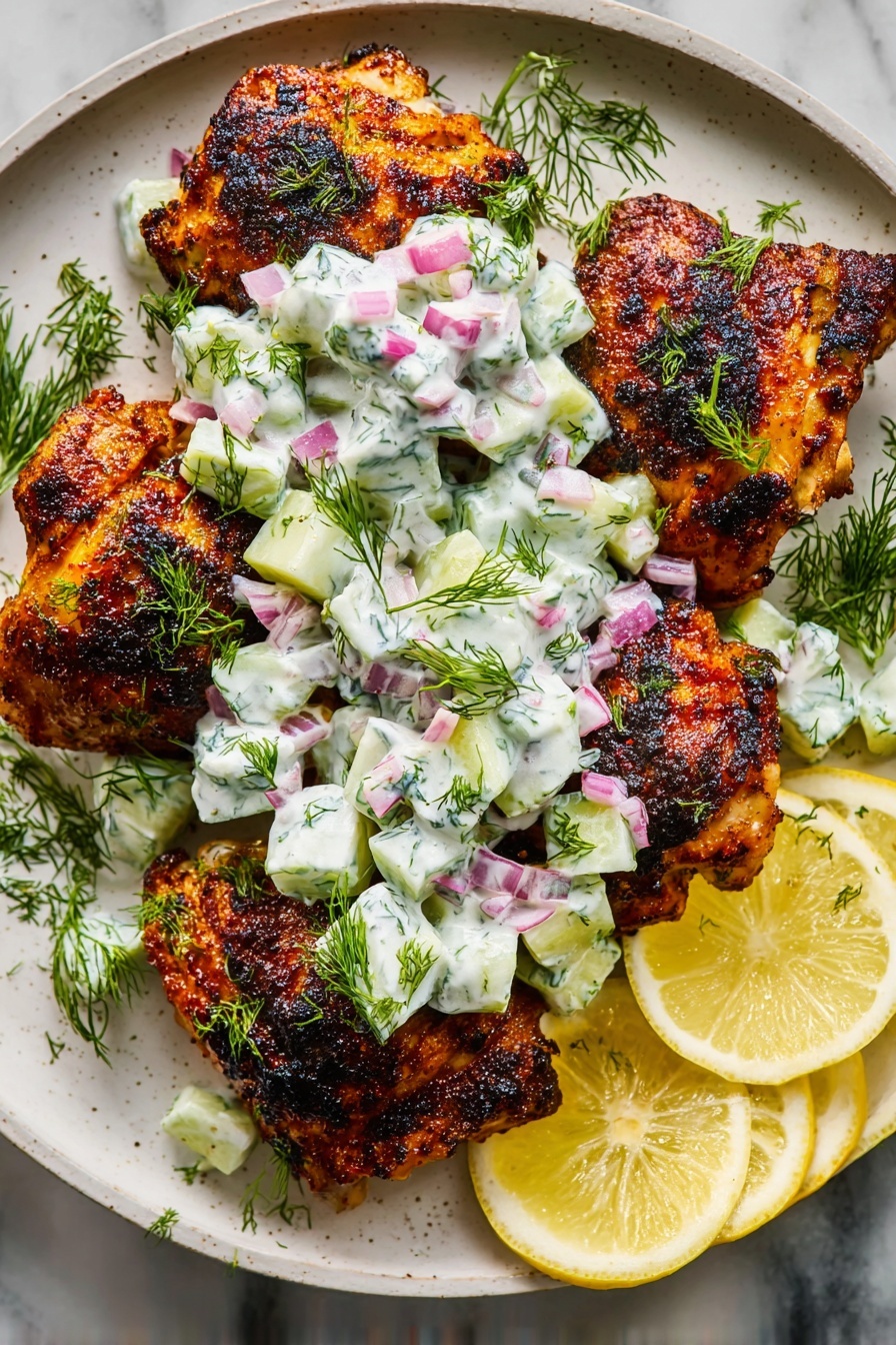 The image shows a light gray round plate on a white marbled surface, holding four pieces of golden brown grilled patties with slightly charred edges. Each patty is topped with a creamy pale green cucumber and herb sauce with small chunks and fresh dill sprigs scattered on and around the patties. To the left of the patties, three thin, bright yellow lemon slices are placed, showing their juicy texture. A metal spatula with a worn surface and long handle rests partly on the plate, lifting one patty slightly. The overall colors are warm browns, pale greens, and bright yellow against the soft gray plate and white marble background photo taken with an iphone --ar 2:3 --v 7 - Spicy Mediterranean Chicken with Creamy Cucumber Salad, Mediterranean chicken recipes, spicy chicken dinner ideas, healthy cucumber salad, flavorful chicken and salad