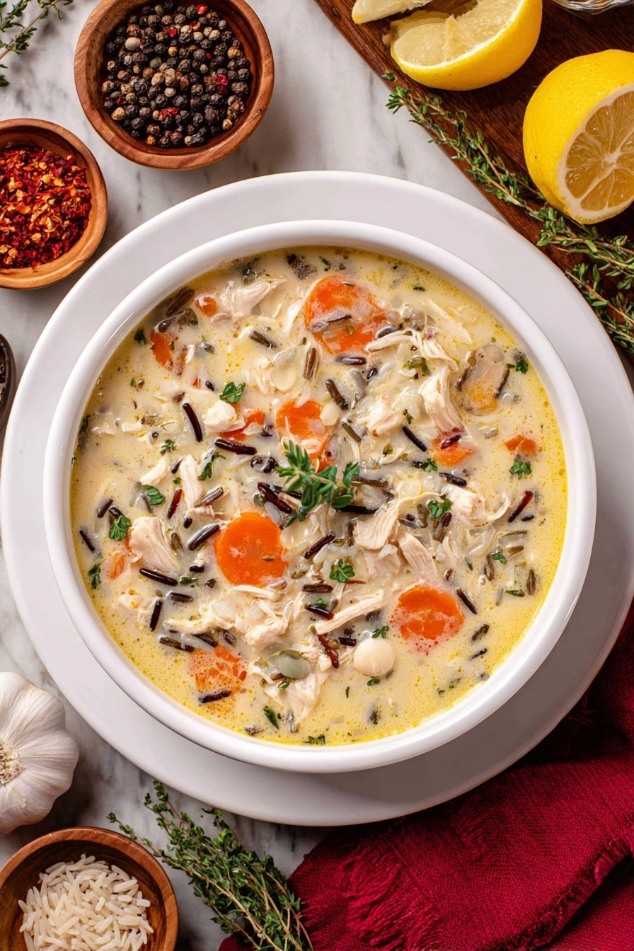 A white bowl filled with creamy chicken and wild rice soup sits in the center on a white plate. The soup has three main layers visible: the base creamy layer with a light yellow color, mixed with shredded white chicken pieces, small orange carrot slices, and dark wild rice grains scattered evenly. Fresh small green herb leaves float on top adding a touch of color. Around the bowl are small wooden bowls holding peppercorns, crushed red chili flakes, and uncooked wild rice, along with garlic bulbs and lemon slices on a white marbled surface. A red cloth napkin is partially visible in the lower right corner. Photo taken with an iphone --ar 2:3 --v 7 - Creamy Chicken Wild Rice Soup, Chicken Wild Rice Soup, Comforting Soup Recipes, Easy Chicken Soup, Nutty Wild Rice Soup