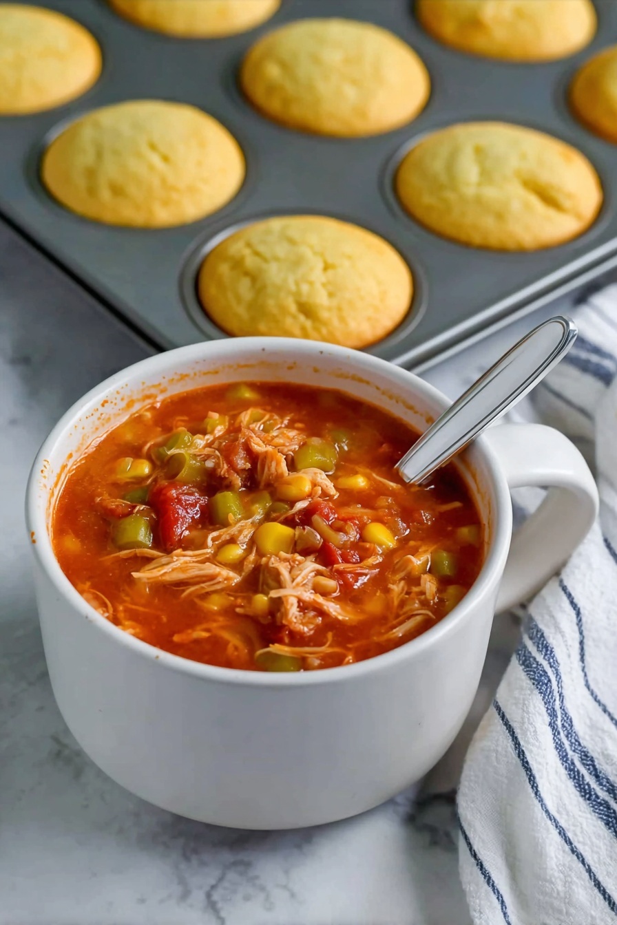 A white cup filled with thick red tomato soup with visible pieces of shredded meat, corn kernels, and sliced broad beans. The soup is rich and chunky, with a silver spoon that has a white handle resting inside the cup. Behind the cup, there is a dark muffin tin holding six small golden cornbread muffins. On the right side, a blue and white striped cloth is partly visible. The whole scene is set on a white marbled surface. photo taken with an iphone --ar 2:3 --v 7 - Best Ever Brunswick Pork and Chicken Stew, Brunswick stew, hearty pork chicken stew, soul-warming stew recipe, easy Brunswick chicken and pork stew
