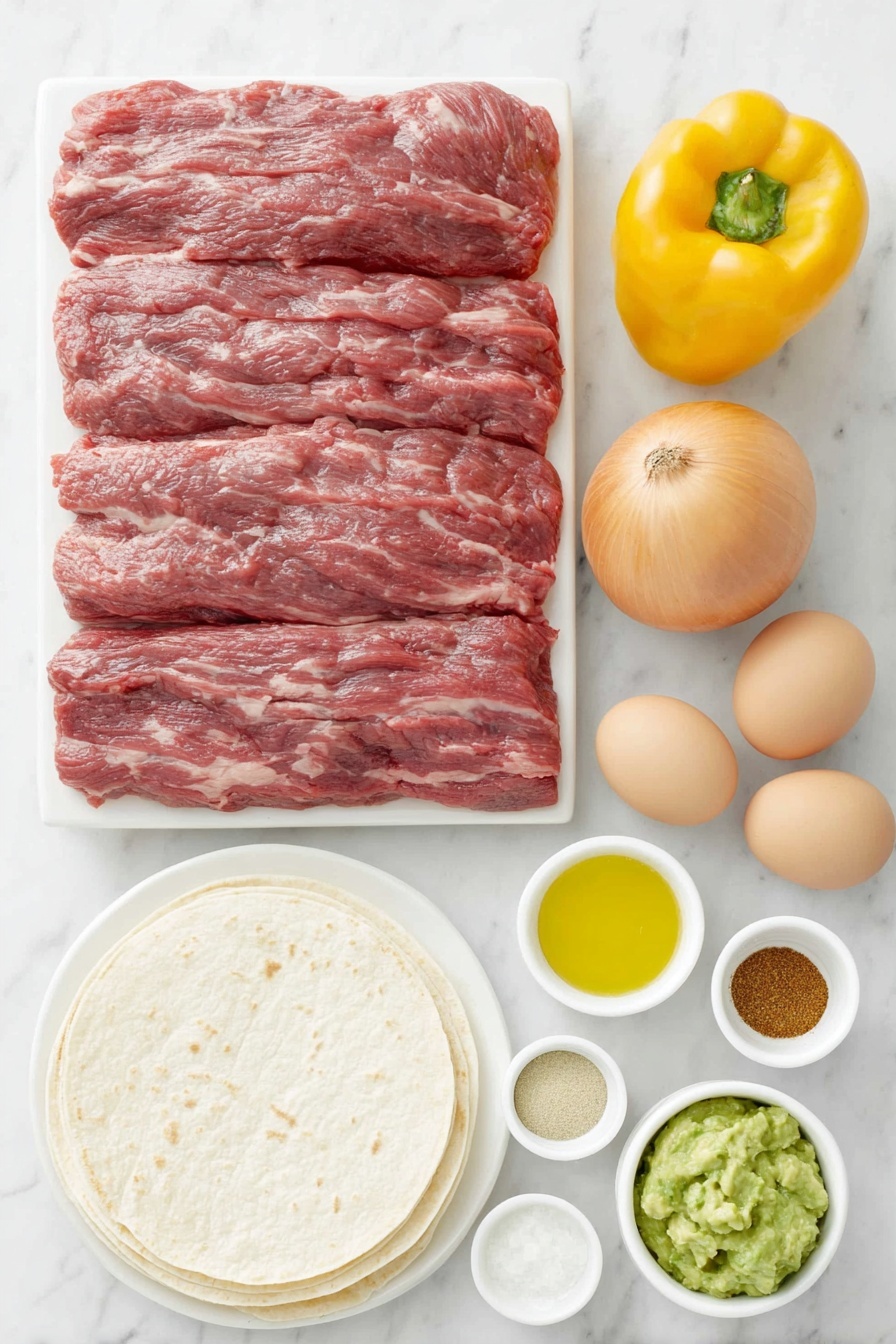 Flat lay of raw skirt steak sliced into thick strips, one whole red bell pepper deseeded and sliced, one whole yellow bell pepper deseeded and sliced, a medium onion peeled and sliced into strips, two whole uncracked brown eggs, three small white bowls containing olive oil, lime juice, and a spice mix of ground cumin, chili powder, cayenne pepper, kosher salt, and black pepper, two cloves of fresh garlic, a stack of warm corn tortillas on a simple white ceramic plate, small white bowls with fresh sour cream, guacamole, and salsa, all elements arranged symmetrically with realistic proportions, placed on a clean white marble surface, soft natural light, photo taken with an iPhone, professional food photography style, fresh ingredients, white ceramic bowls, no bottles, no duplicates, no utensils, no packaging --ar 2:3 --v 7 --p m7354615311229779997 - Best Beef Fajitas, beef fajitas recipe, flavorful beef fajitas, quick beef fajitas, easy beef fajitas