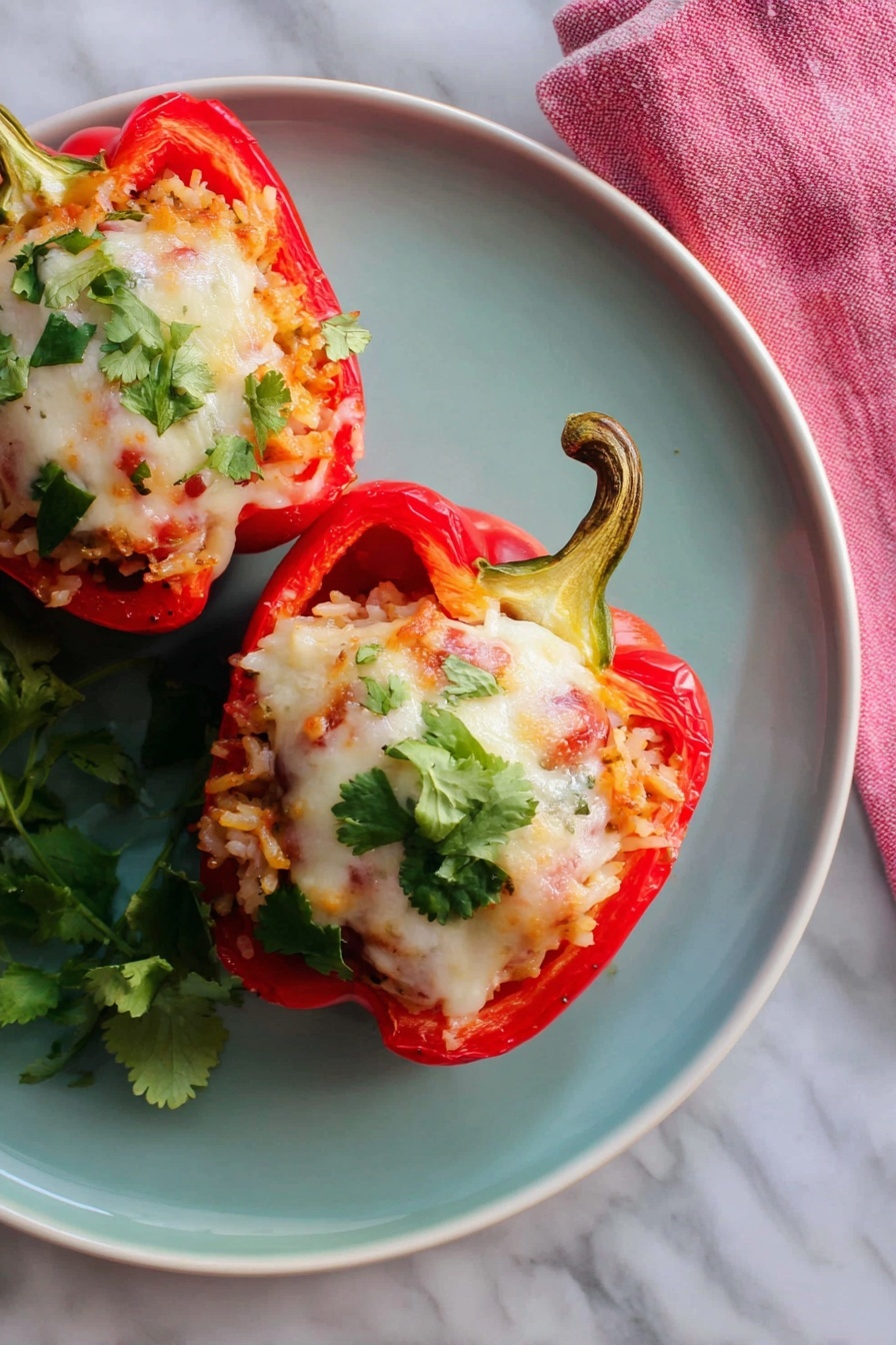 The image shows a clear rectangular glass baking dish filled with seven red bell peppers, each halved and standing upright. Each pepper half is stuffed with a textured mixture of rice, beans, and finely chopped vegetables, topped with a thick layer of melted white cheese that covers the stuffing unevenly and slightly browned on top. The peppers have a shiny, cooked look with some parts of the skin slightly wrinkled. The baking dish is placed on a white marbled surface, to the left lower corner there is a glimpse of a white plate with a blue rim, and to the right side, there is a bunch of fresh green herbs. Photo taken with an iphone --ar 2:3 --v 7 - Vegetarian Stuffed Bell Peppers, stuffed bell peppers recipe, healthy vegetarian stuffed peppers, easy vegetarian stuffed peppers, colorful stuffed peppers