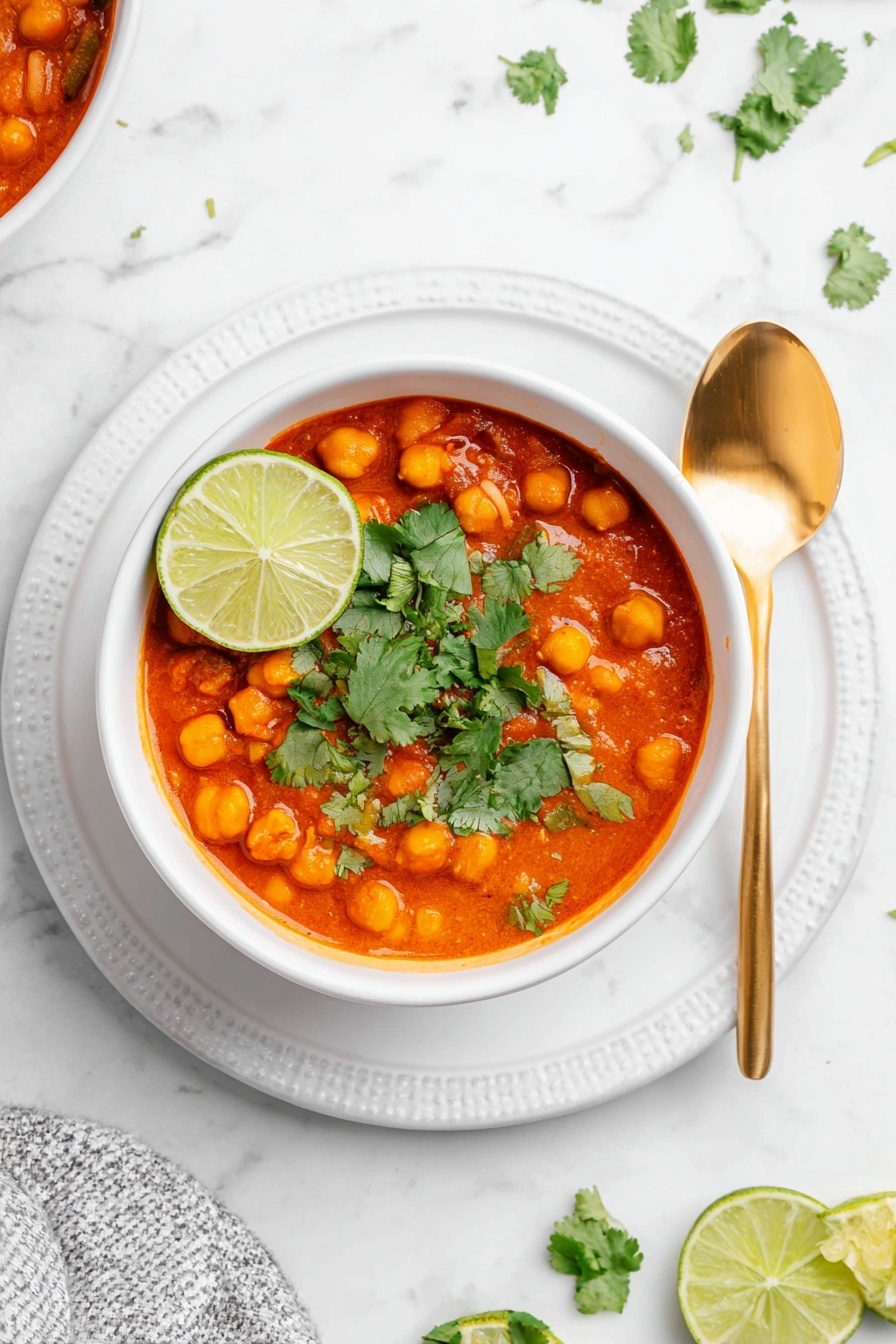 A white bowl sits centered on a white plate on a white marbled surface. Inside the bowl is a thick orange stew with visible chickpeas and small soft chunks, topped with fresh green cilantro leaves. A large lime wedge with pale green flesh rests on the edge of the bowl. To the right of the plate is a shiny gold spoon. In the lower part of the image, slightly out of focus, are halved lime wedges and some more cilantro. The overall look is bright, fresh, and inviting. photo taken with an iphone --ar 2:3 --v 7 - Creamy Coconut Chickpea Curry, vegan chickpea curry, easy coconut curry, veggie curry with coconut, one-pot chickpea curry