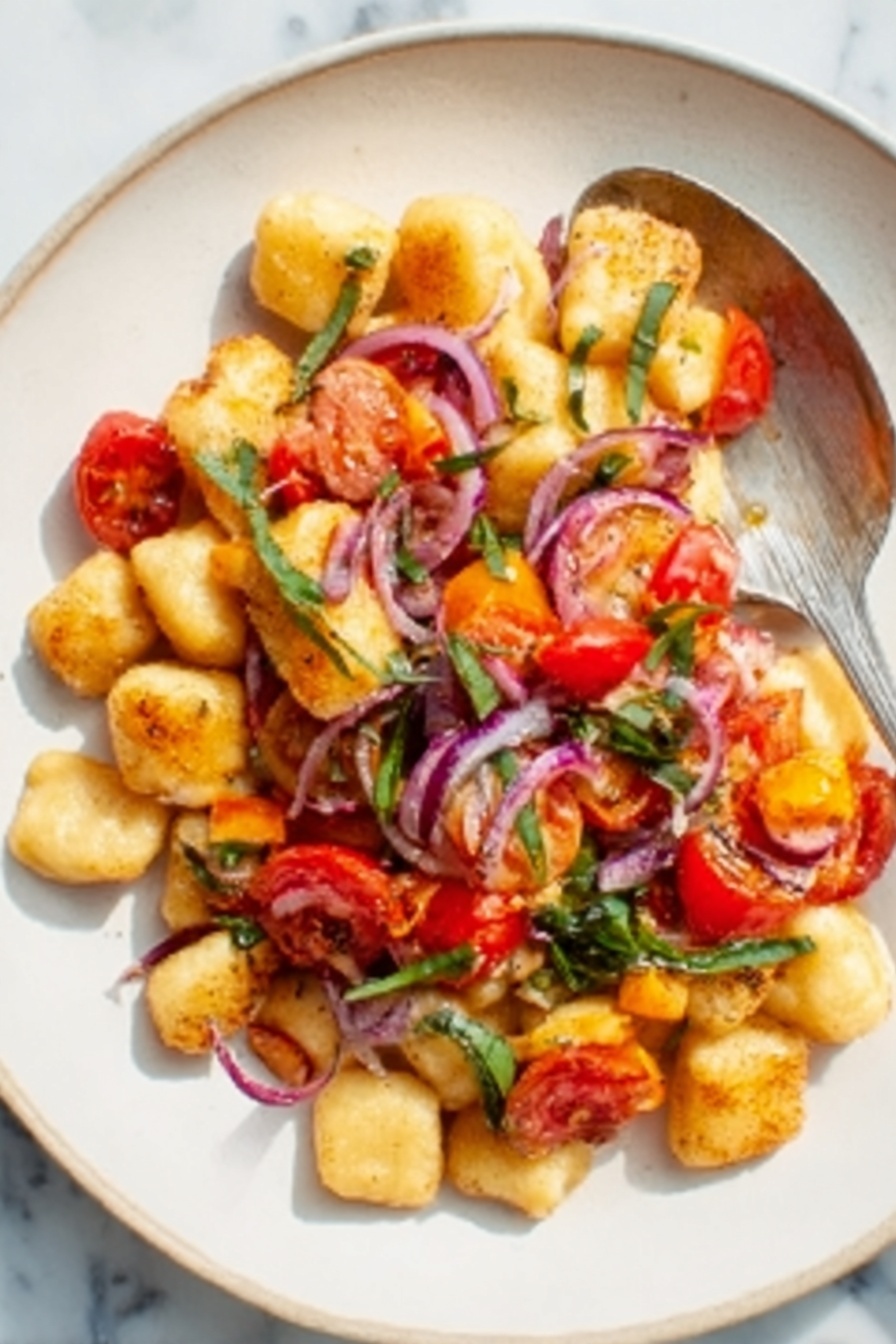 A white plate holds a vibrant gnocchi dish with three main layers. The base layer has small gnocchi pieces that are light yellow with a soft texture, spread evenly across the plate. On top, there are colorful chopped vegetables including red cherry tomatoes and thin slices of purple onion, giving pops of red and purple. Scattered green herbs or leaves add a fresh touch. A silver spoon sits on the right side of the plate, partially resting on the gnocchi. The background is a white marbled surface. photo taken with an iphone --ar 2:3 --v 7 - Crispy Gnocchi with Cherry Tomato Sauce, crispy gnocchi, cherry tomato dish, quick gnocchi recipe, easy pasta with cherry tomatoes