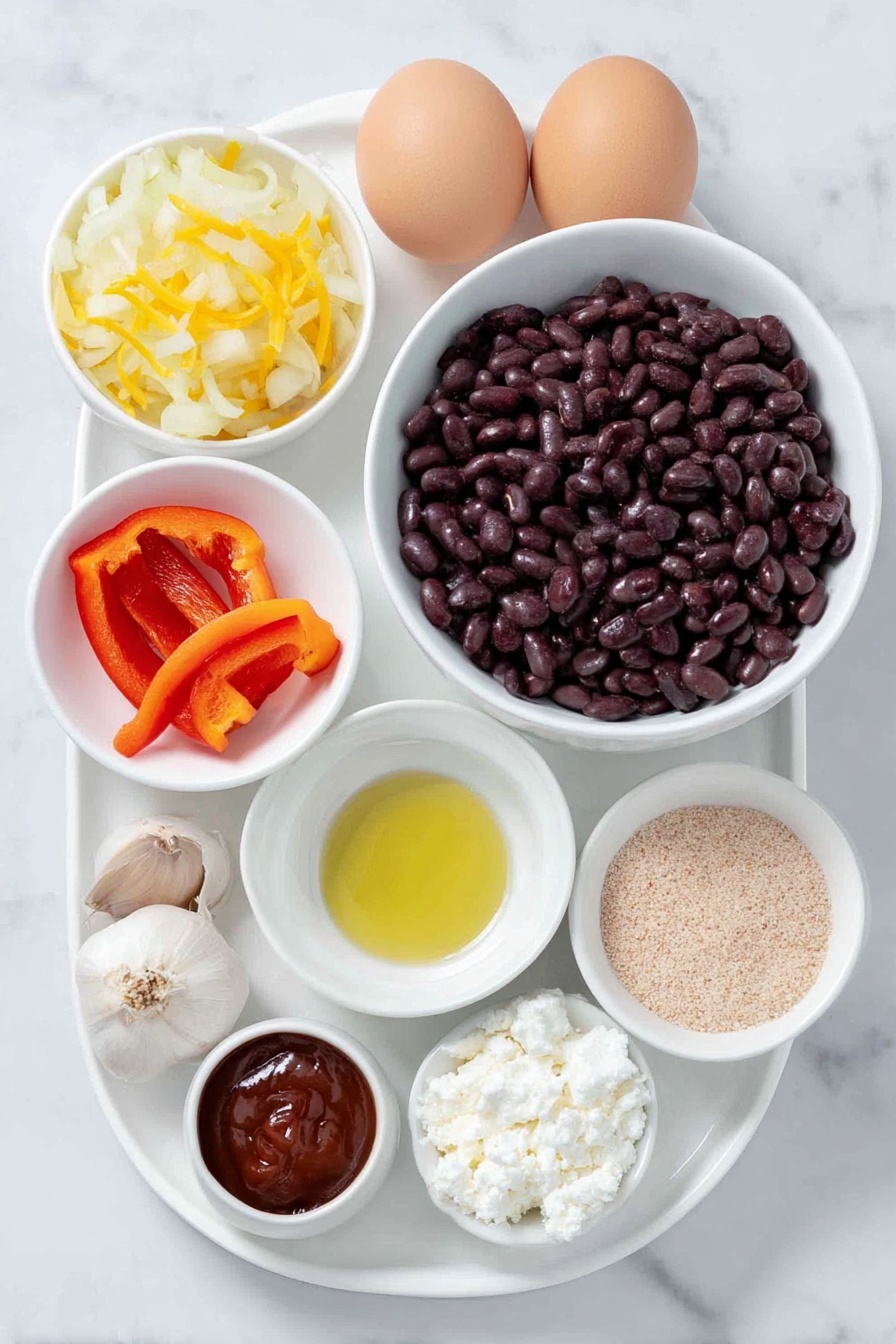 Flat lay of a simple white ceramic bowl filled with shiny black beans, a small white bowl of golden extra virgin olive oil, half a bright red bell pepper finely chopped on a white plate, half a large yellow onion finely chopped on a white plate, three whole garlic cloves unpeeled, a small white bowl containing ground cumin powder, a small white bowl with chili powder, another small white bowl holding garlic powder, a small white bowl with smoked paprika, a white ceramic bowl filled with light brown bread crumbs, a small white plate with crumbled white feta cheese, two whole uncracked brown eggs side by side on a white plate, a small white bowl with deep red ketchup sauce, and small piles of salt and black pepper on the white ceramic surface, arranged in a balanced symmetrical layout, placed on a clean white marble surface, soft natural light, photo taken with an iPhone, professional food photography style, fresh ingredients, white ceramic bowls, no bottles, no duplicates, no utensils, no packaging --ar 2:3 --v 7 --p m7354615311229779997 - Best Black Bean Burgers, black bean burger recipe, healthy veggie burgers, vegetarian burger ideas, smoky spicy bean patties