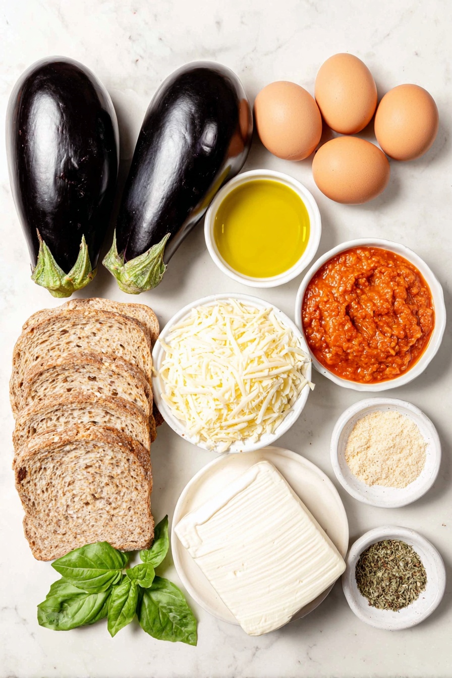 Flat lay of two whole medium to large eggplants with deep purple skin and green stems, a small mound of pale all-purpose flour on a white ceramic plate, three large whole brown eggs with clean shells arranged neatly on a white ceramic dish, a small white bowl filled with clear golden olive oil, six slices of rustic whole grain bread stacked beside each other on white ceramic, a small white bowl overflowing with finely shredded pale yellow parmesan cheese, a small white bowl containing a vibrant red marinara sauce speckled with herbs, a block of fresh white mozzarella cheese with smooth texture on a white ceramic plate, a small heap of mixed dried Italian herb blend in a white ceramic bowl, a small white bowl of fine light brown garlic powder, a small white bowl with coarse salt crystals, a small white bowl of cracked black peppercorns, and a small cluster of fresh bright green basil and oregano leaves placed on a white ceramic plate, all items perfectly arranged symmetrically and evenly spaced, placed on a clean white marble surface, soft natural light, photo taken with an iPhone, professional food photography style, fresh ingredients, white ceramic bowls, no bottles, no duplicates, no utensils, no packaging --ar 2:3 --v 7 --p m7354615311229779997 - Eggplant Parmesan Quick and Easy, Eggplant Parmesan Recipe, Homemade Eggplant Parmesan, Baked Eggplant Parmesan, Vegetarian Eggplant Dish