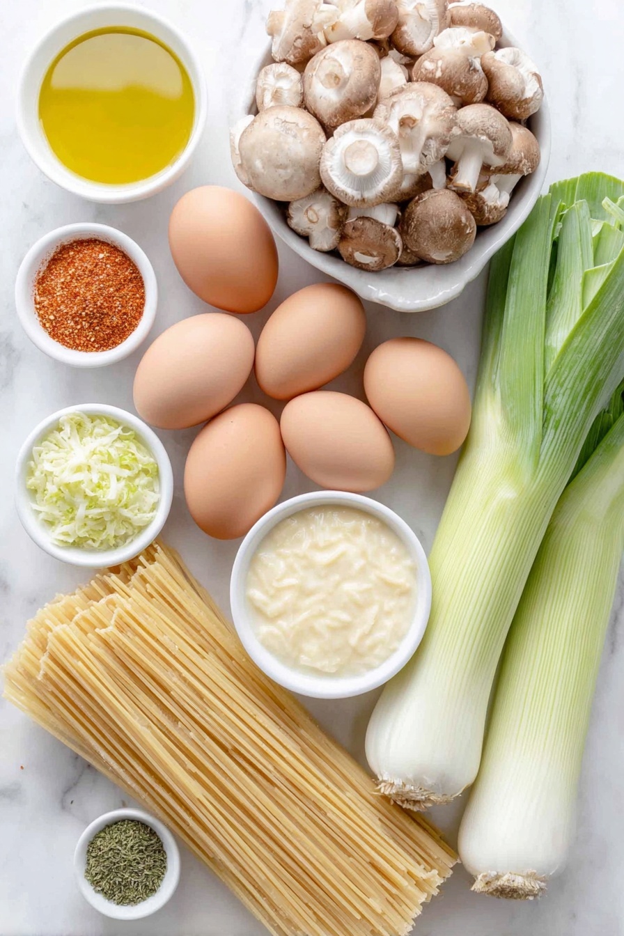 Flat lay of whole uncracked brown eggs, a small white bowl of golden olive oil, a simple white bowl with minced garlic cloves, a bundle of fresh leeks with bright green tops and white stalks, a cluster of mixed fresh mushrooms including cremini, shiitake, oyster, and maitake varieties, a small white bowl filled with creamy full-fat coconut milk, a small white bowl of pale yellow tahini paste, a small white bowl with reddish paprika powder, a small white bowl of golden nutritional yeast flakes, a small white bowl of light brown all-purpose flour, a small white bowl of dark tamari sauce, a small white bowl of smooth Dijon mustard, a small white bowl of vegetable broth with a light amber tint, a bright green handful of chopped fresh dill sprigs, a modest pile of dry linguine pasta strands in a neat bundle, all arranged with perfect symmetry on a clean white marble surface, soft natural light, photo taken with an iPhone, professional food photography style, fresh ingredients, white ceramic bowls, no bottles, no duplicates, no utensils, no packaging --ar 2:3 --v 7 --p m7354615311229779997 - Creamy Vegan Mushroom Stroganoff, vegan mushroom pasta, dairy-free mushroom sauce, plant-based comfort food, vegan mushroom dinner