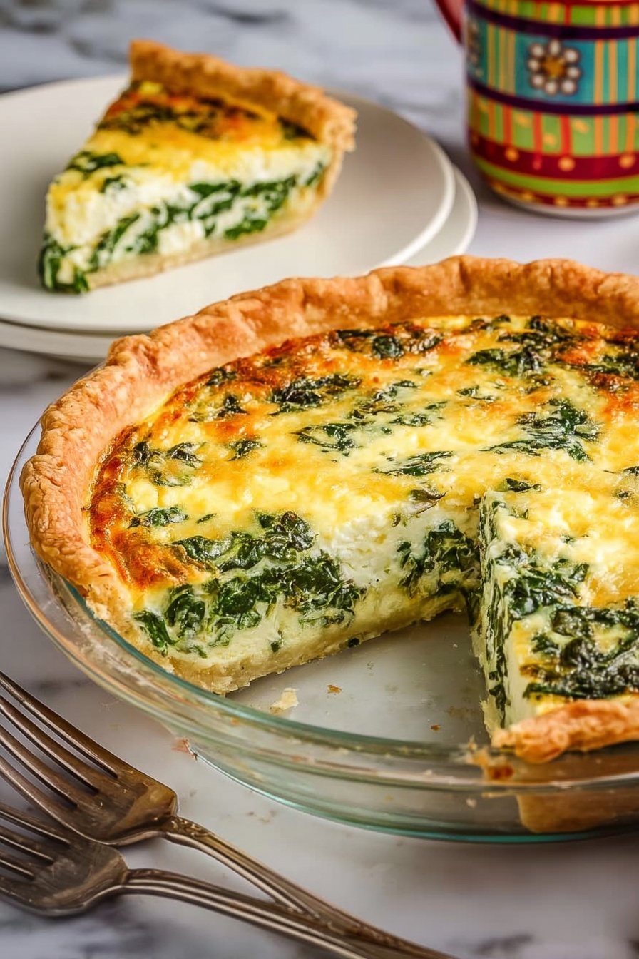 A clear glass pie dish holds a spinach and cheese quiche with one slice missing; it has three visible layers: a golden brown flaky crust on the outside, a creamy white and yellow cheese layer mixed with bright green leafy spinach in the middle, and a slightly browned cheese layer on top. On a white plate behind the pie dish, a single slice sits upright, showing the same layered colors and textures. The scene includes a white marbled surface underneath and silver forks to the left of the pie dish, with a colorful mug blurred in the background. photo taken with an iphone --ar 2:3 --v 7 - Spinach Feta Quiche, savory spinach quiche, easy brunch recipes, vegetarian quiche, flaky crust quiche