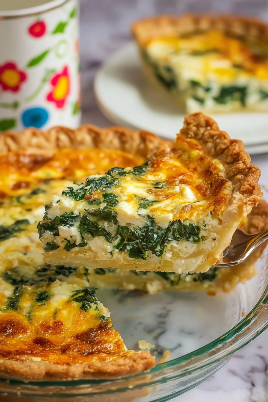 The image shows a slice of quiche being lifted from a clear glass pie dish. The quiche has a golden-brown, flaky crust around the edges. Inside, there are three visible layers: the bottom layer is a pale yellow egg base, the middle layer consists of dark green spinach evenly spread, and the top layer has melted cheese with golden brown spots. The slice reveals a soft, creamy texture with the spinach mixed well throughout. In the background, there is a white plate with another quiche slice on it, and behind that, a white container with colorful floral patterns. The surface underneath is a white marbled texture. Photo taken with an iphone --ar 2:3 --v 7 - Spinach Feta Quiche, savory spinach quiche, easy brunch recipes, vegetarian quiche, flaky crust quiche