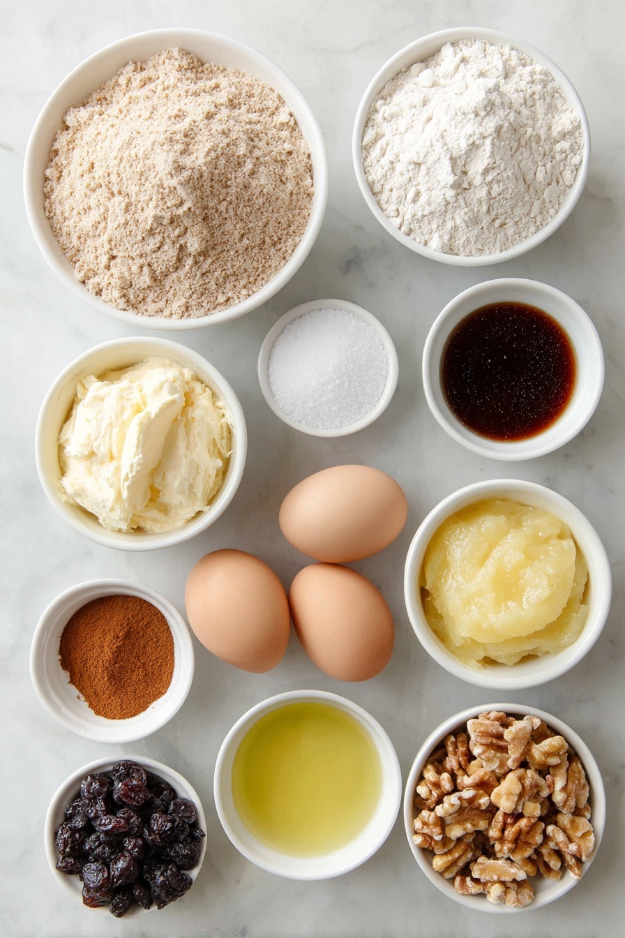 Flat lay of a small mound of light brown wheat bran, a neat pile of whole wheat pastry flour with a warm beige tone, a small white ceramic bowl of fine white baking powder, a tiny white ceramic bowl holding light off-white baking soda powder, a pinch of coarse salt grains on a white ceramic dish, a small heap of ground cinnamon with a reddish-brown hue, a small white ceramic bowl filled with dark amber molasses, a small white ceramic bowl with glossy light brown coconut sugar, a small white ceramic bowl of smooth, pale applesauce, two whole uncracked brown eggs, a small white ceramic bowl with creamy off-white vanilla almond milk, a small white ceramic bowl containing golden melted coconut oil, a small white ceramic bowl of translucent apple cider vinegar, a small pile of dark brown raisins, a small cluster of fresh deep blue blueberries with a light bloom, and a small handful of chopped light brown walnuts, all arranged symmetrically and balanced in proportion on a clean white marble surface, soft natural light, photo taken with an iPhone, professional food photography style, fresh ingredients, white ceramic bowls, no bottles, no duplicates, no utensils, no packaging --ar 2:3 --v 7 --p m7354615311229779997 - Healthy Whole Wheat Bran Muffins, wholesome muffin recipe, nutritious breakfast muffins, fiber-rich bran muffins, homemade healthy muffins