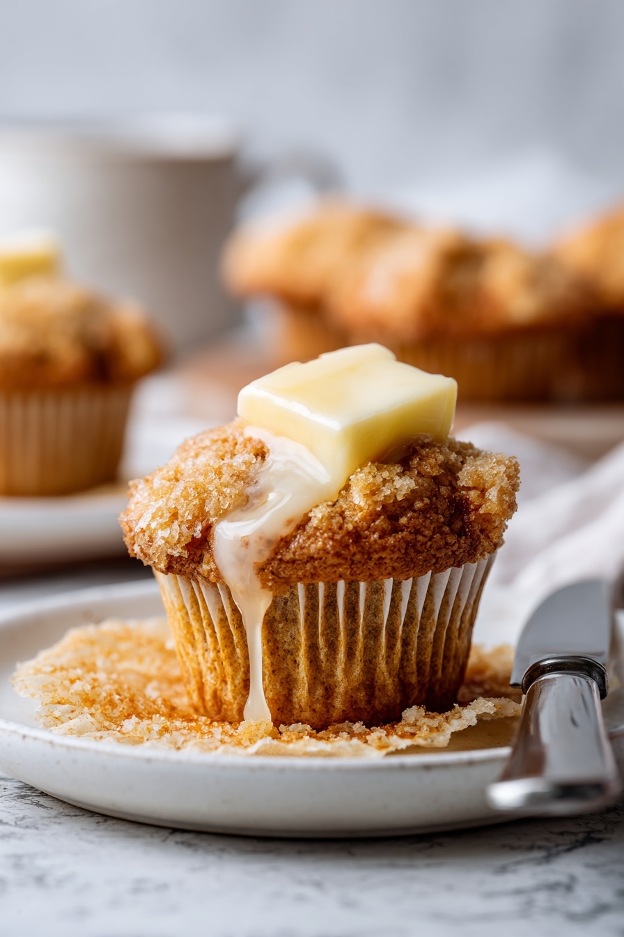 A close-up of a muffin sitting on a white plate with its paper wrapper peeled down, showing its crumbly light brown inside. The muffin is topped with a square of melting butter dripping down its side. The plate is on a white marbled surface with a silver knife resting beside it. In the background, there are more muffins out of focus on the same white marbled texture. photo taken with an iphone --ar 2:3 --v 7 - Healthy Whole Wheat Bran Muffins, wholesome muffin recipe, nutritious breakfast muffins, fiber-rich bran muffins, homemade healthy muffins