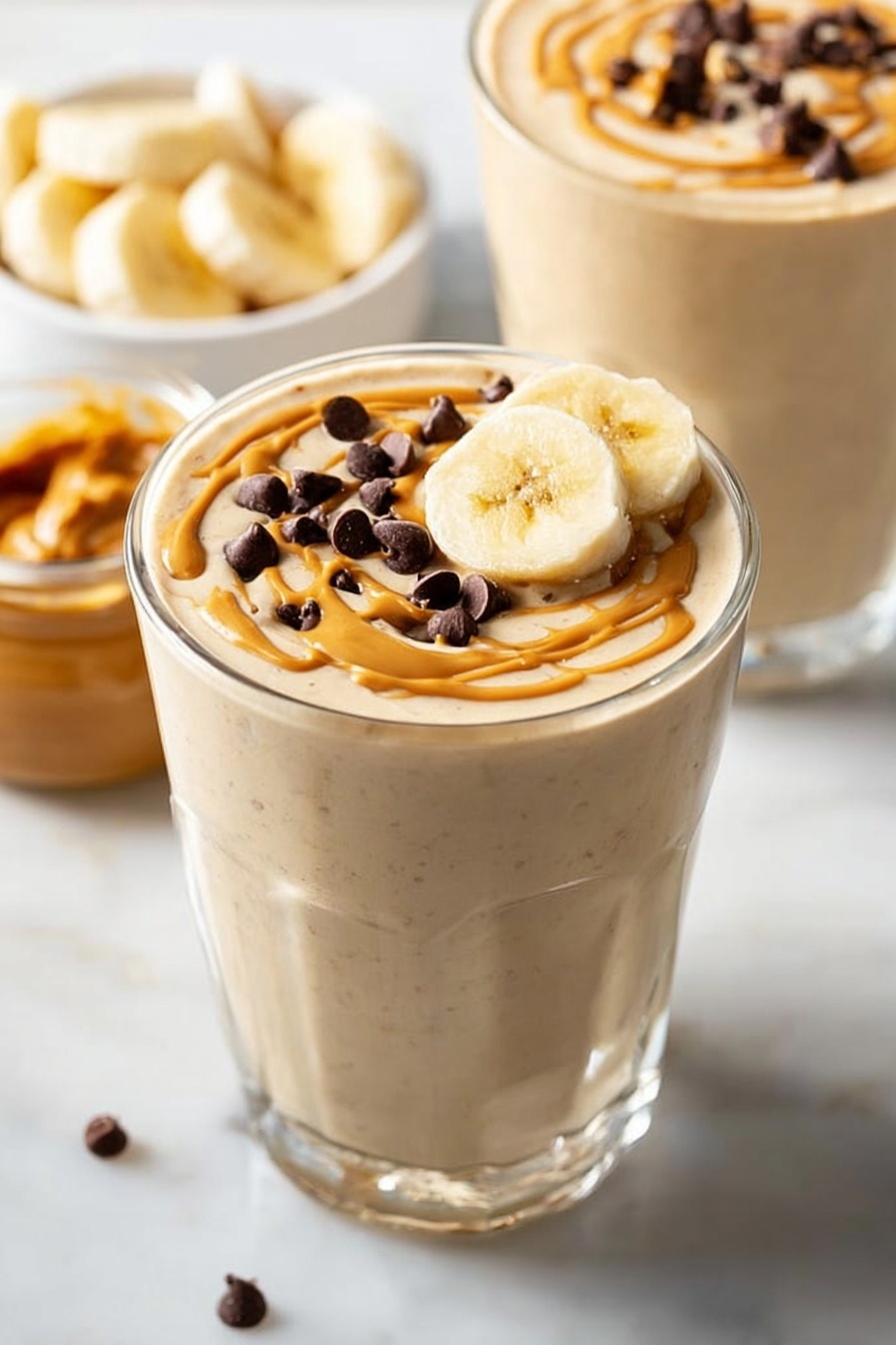 A clear glass filled with a thick, creamy beige smoothie, topped with a swirl of light brown peanut butter drizzled over the surface. On top, there are small dark brown chocolate chips scattered along with two slices of yellow banana placed in the center. The glass is set on a white marbled surface, with blurred second similar smoothie glass and a white bowl filled with banana slices in the background. Nearby, a small clear jar holds more peanut butter. Photo taken with an iphone --ar 2:3 --v 7 - Peanut Butter Banana Smoothie, healthy smoothie recipes, quick breakfast drinks, energy-boosting smoothies, creamy banana peanut butter blend