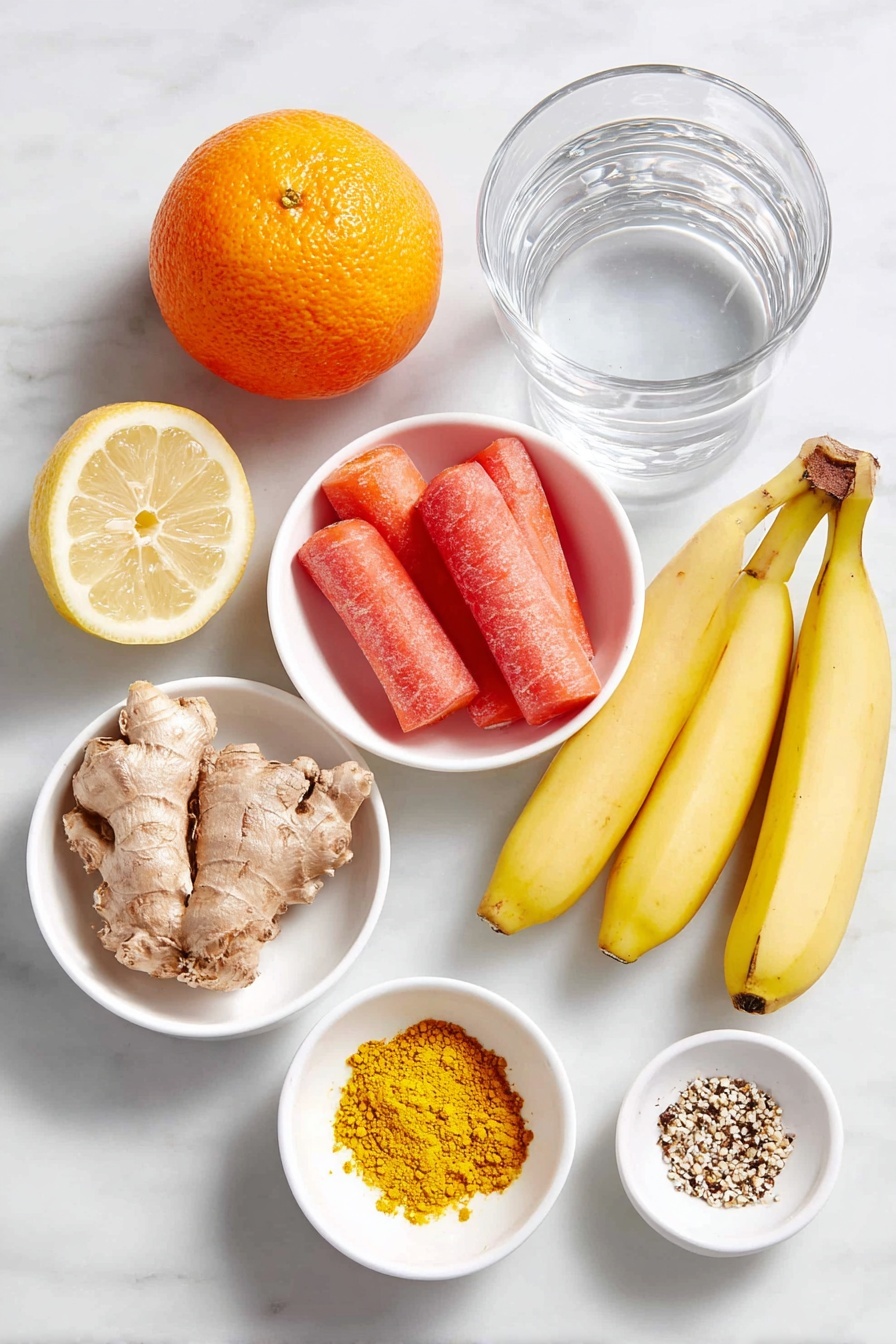 Flat lay of a large whole navel orange, a thin slice of lemon with skin on, two medium fresh whole carrots cut into chunks, a peeled banana sliced into chunks, a fresh ginger knob with skin, a small handful of raw hemp hearts in a white ceramic bowl, a small white ceramic bowl with bright yellow ground turmeric powder, a small white ceramic bowl of clear water, and a small white ceramic bowl with a pinch of black pepper, all arranged in perfect symmetry on a clean white marble surface, soft natural light, photo taken with an iPhone, professional food photography style, fresh ingredients, white ceramic bowls, no bottles, no duplicates, no utensils, no packaging --ar 2:3 --v 7 --p m7354615311229779997 - Citrus Carrot Ginger Smoothie, healthy orange carrot smoothie, immune-boosting fruit smoothie, easy breakfast green smoothie, fresh ginger carrot drink