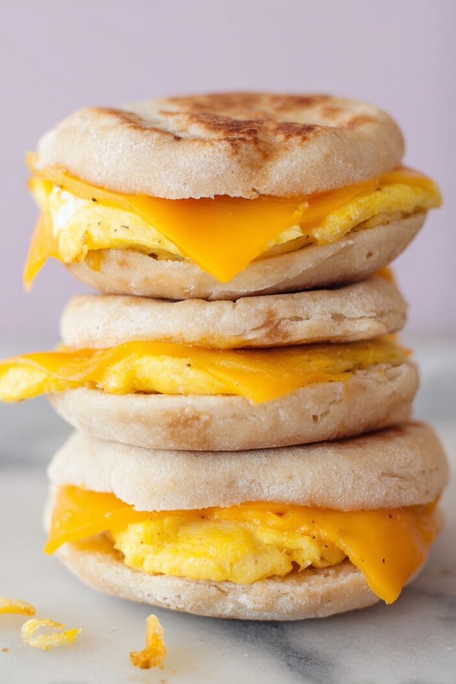 The image shows a stack of three breakfast sandwiches on a white marbled surface. Each sandwich has three layers: a lightly toasted English muffin at the top and bottom, a bright yellow folded egg layer in the middle, and a slice of melted orange cheese just above the egg. The English muffins have a soft, slightly cracked texture. The cheese looks smooth and slightly shiny, melting around the edges of the egg. The sandwiches are stacked directly on top of each other, creating a tall, colorful tower. Photo taken with an iphone --ar 2:3 --v 7 - Microwave Egg and Cheese Breakfast Sandwich, quick breakfast sandwich, easy microwave breakfast, fast morning breakfast, healthy breakfast ideas