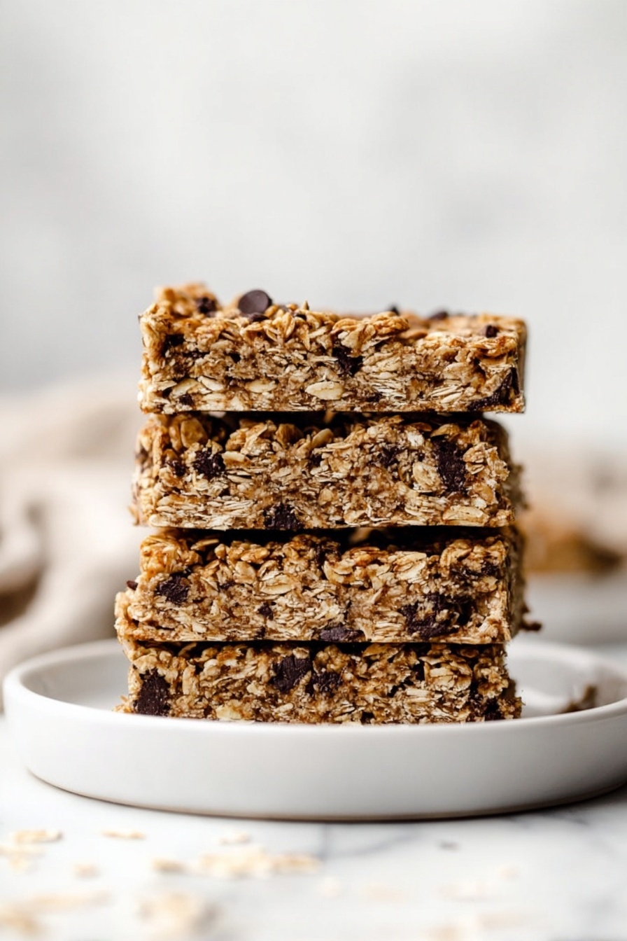 A stack of four thick granola bars with visible oats and small dark chocolate chunks throughout, showing a rough and crumbly texture. The bars have a light brown color with darker spots from the chocolate, and they are placed directly on a small round white plate. The background is softly blurred with a white marbled surface and neutral tones, adding a cozy and clean feel to the image. photo taken with an iphone --ar 2:3 --v 7 - Homemade Peanut Butter Granola Bars, healthy peanut butter granola bar, easy DIY granola bars, nutritious snack bars, homemade energy bars