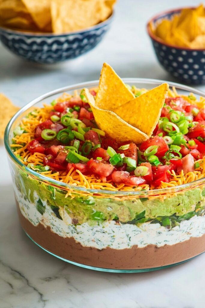 7 Layer Dip with Guacamole and Cheddar Recipe