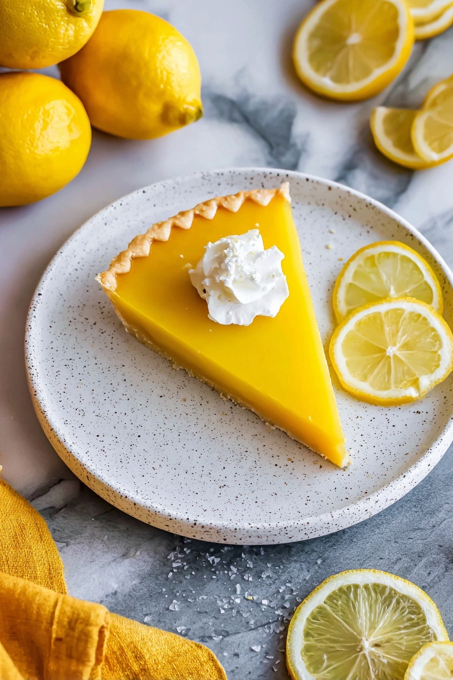 A single slice of bright yellow lemon tart with a smooth, glossy surface sits centered on a white plate with a speckled edge. The tart has a pale golden crust with a scalloped edge, topped with a small dollop of white whipped cream in the middle. Two thin lemon slices lie beside the tart, showing their pale yellow interiors and white pits. The plate is placed on a white marbled surface with a gray tone, and three whole bright yellow lemons and a yellow cloth napkin are scattered around the plate. Photo taken with an iphone --ar 2:3 --v 7 - Meyer Lemon Tart, Meyer Lemon Tart Recipe, citrus dessert, lemon tart with buttery crust, easy lemon tart