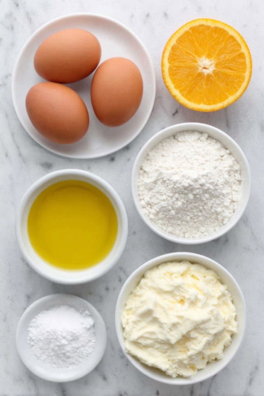 Flat lay of two large brown eggs with clean shells, a small white ceramic bowl of granulated sugar, a small white ceramic bowl filled with extra virgin olive oil, a small white ceramic bowl of 2% milk, a few fresh orange peels showing bright orange zest, a small white ceramic bowl of fresh orange juice with pulp, a small white ceramic bowl of all-purpose flour, a small white ceramic bowl containing a mixture of baking powder and salt, and a small white ceramic bowl of fine confectioners' sugar, all arranged symmetrically with realistic proportions, placed on a clean white marble surface, soft natural light, photo taken with an iPhone, professional food photography style, fresh ingredients, white ceramic bowls, no bottles, no duplicates, no utensils, no packaging --ar 2:3 --v 7 --p m7354615311229779997 - Orange Olive Oil Cake, citrus olive oil cake, moist orange cake, easy olive oil dessert, bright citrus cake